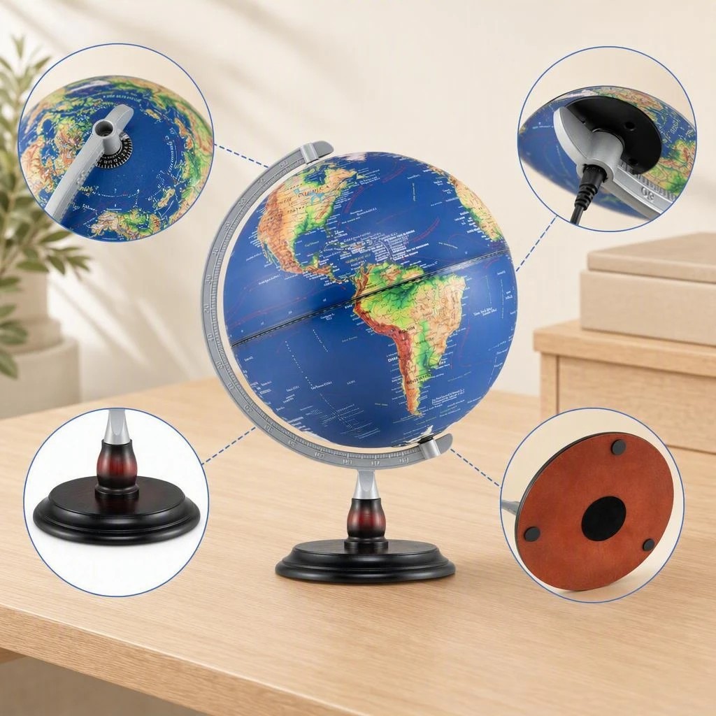 3 Costway 30CM Illuminated World Globe LED Night Light w/Raised Relief Time Zone Non-Slip Wooden Base - Blue, 3 of 7