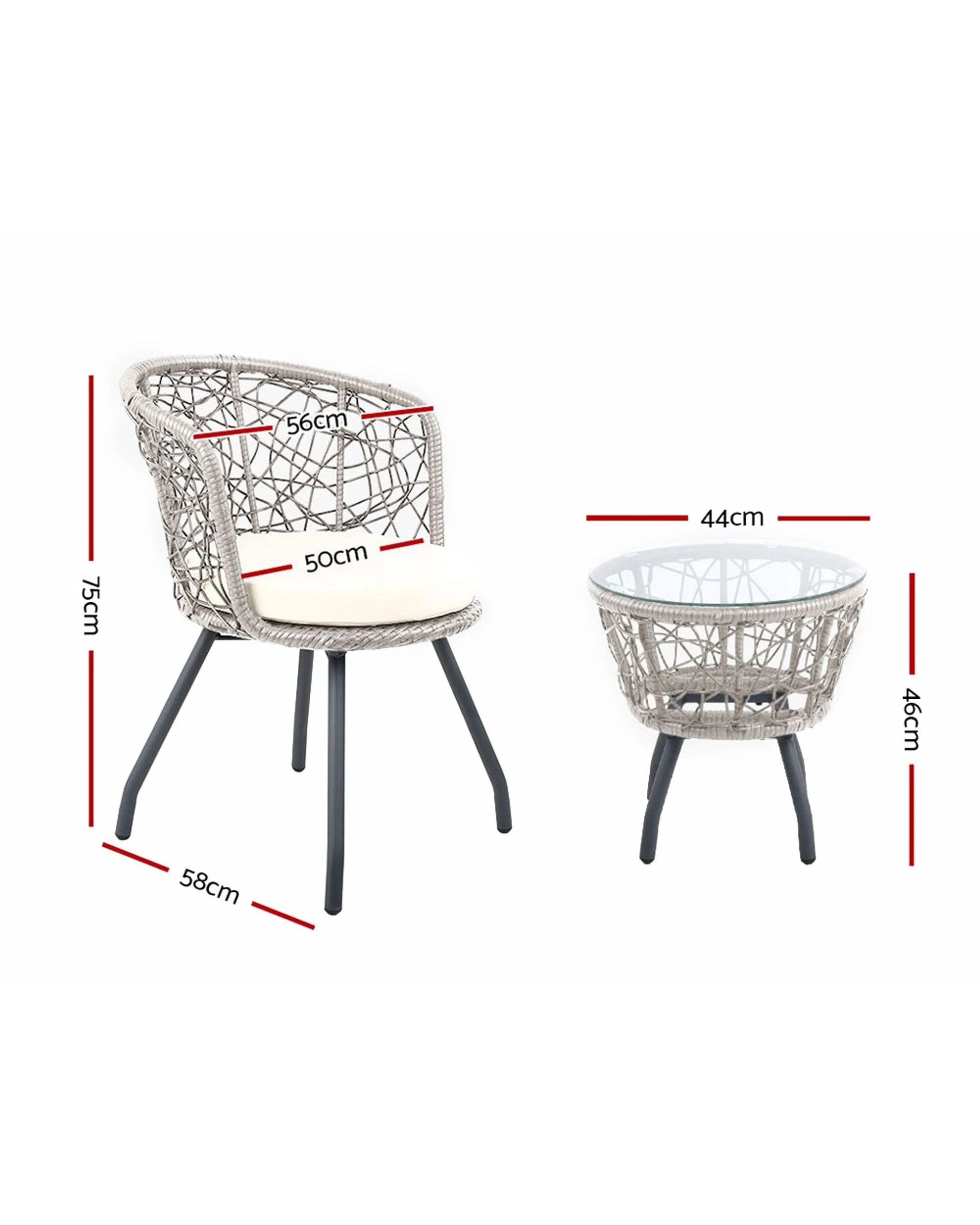3 Gardeon 3PC Bistro Set Outdoor Furniture Rattan Table Chairs Patio Garden Cushion - Grey, 3 of 6