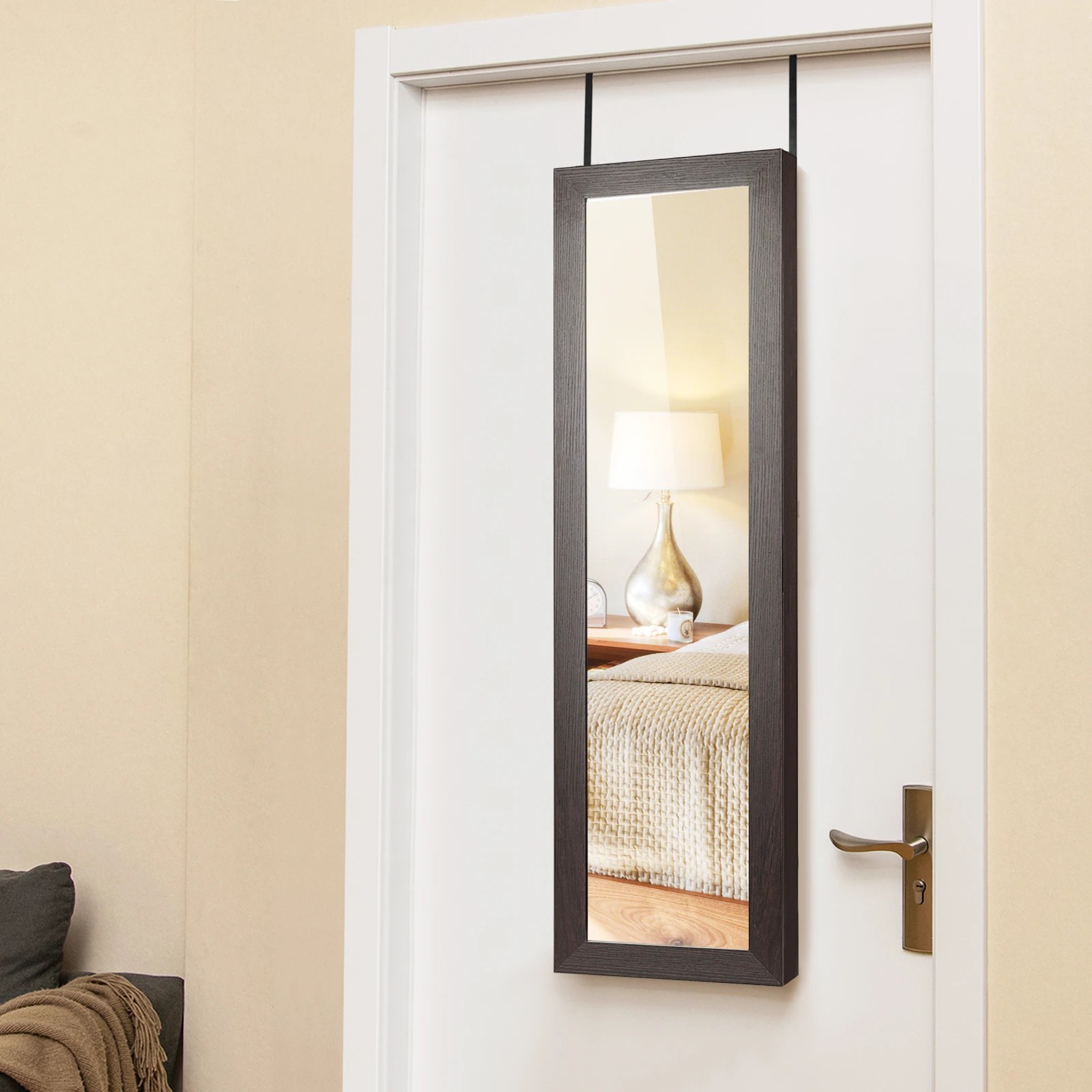 3 Costway Mirror Jewellery Cabinet Wall Mounted Jewelry Organiser w/2 Hanging Hook Storage Shelves - Brown, 3 of 4