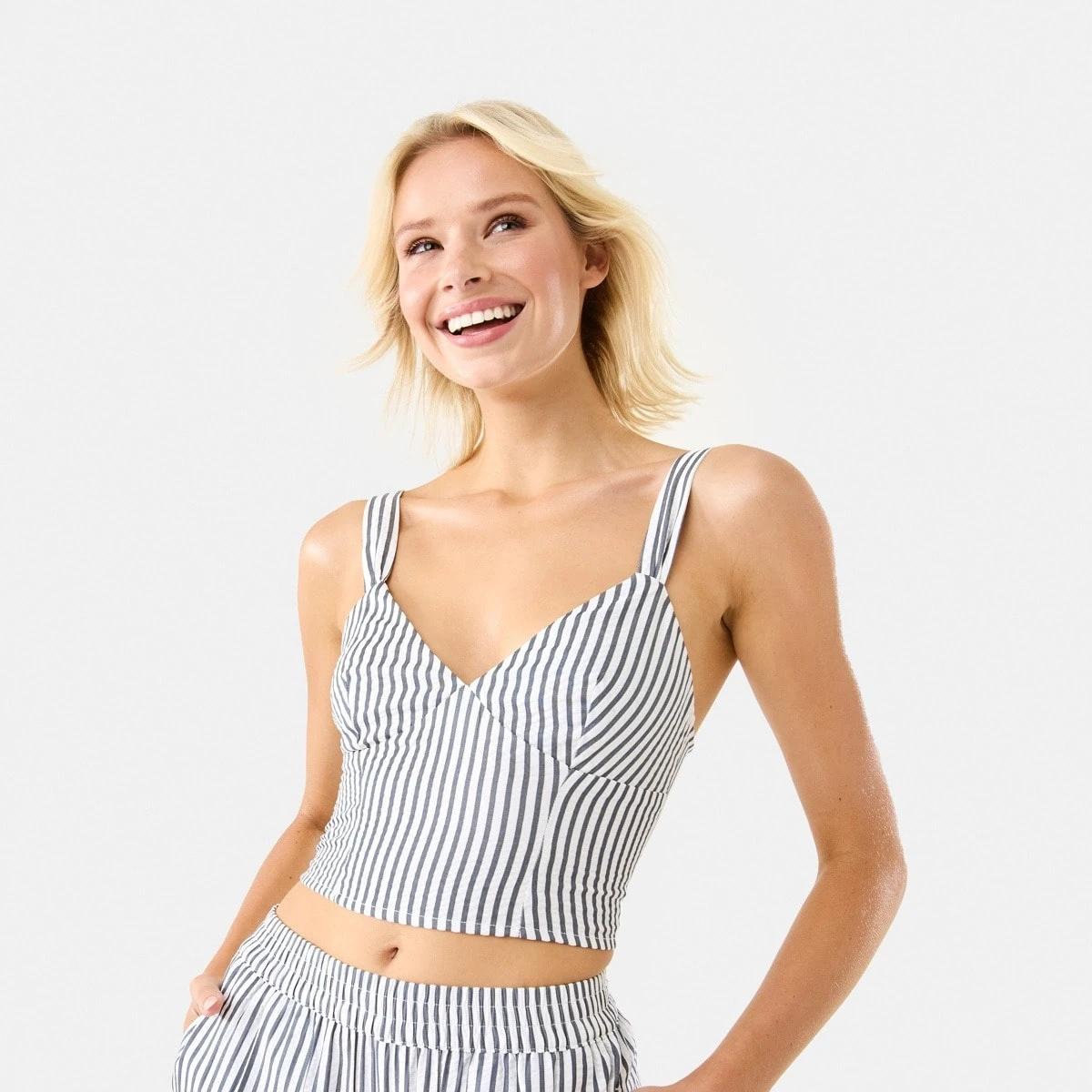 1 Sleeveless V-Neck Crop Top Navy Strp, 1 of 10