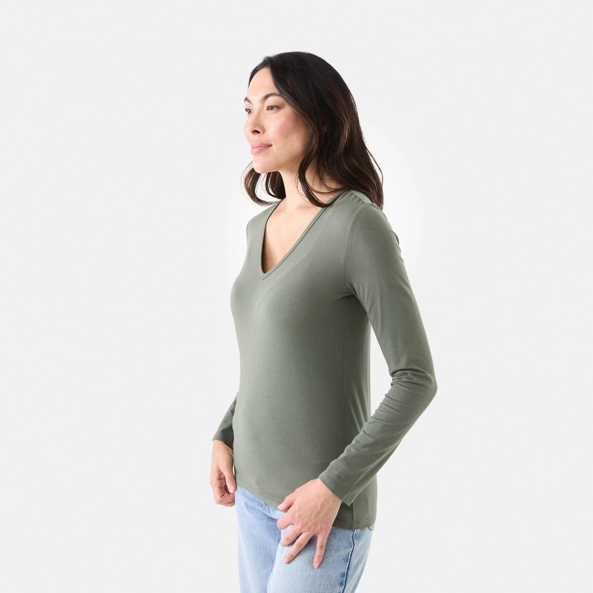2 Long Sleeve Stretch V-Neck T-shirt Grn Olive, 2 of 5