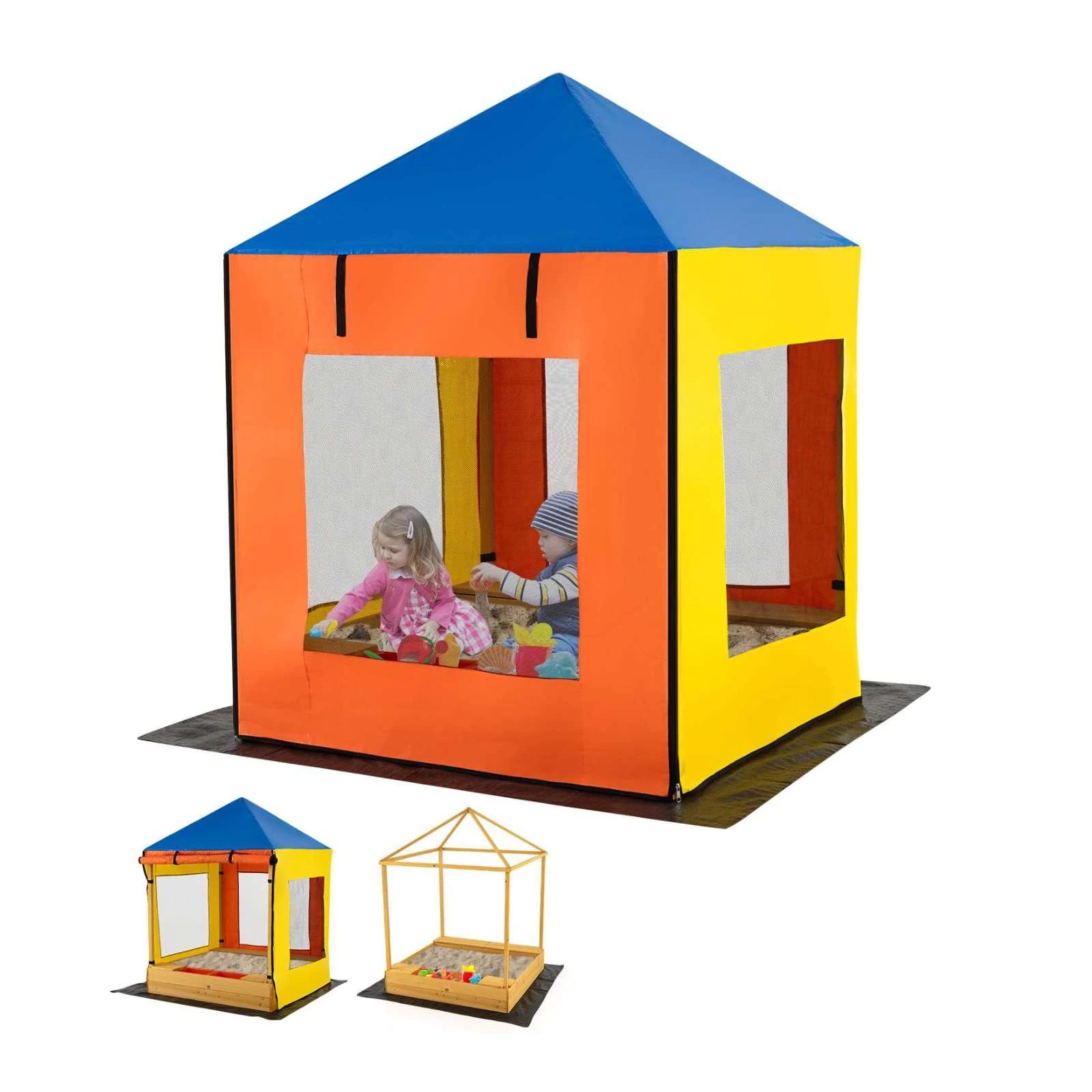 1 Costway Fir Wood Sandpit w/Canopy Bench Seats Roll-up Door Curtains Sandbox - Multi, 1 of 3