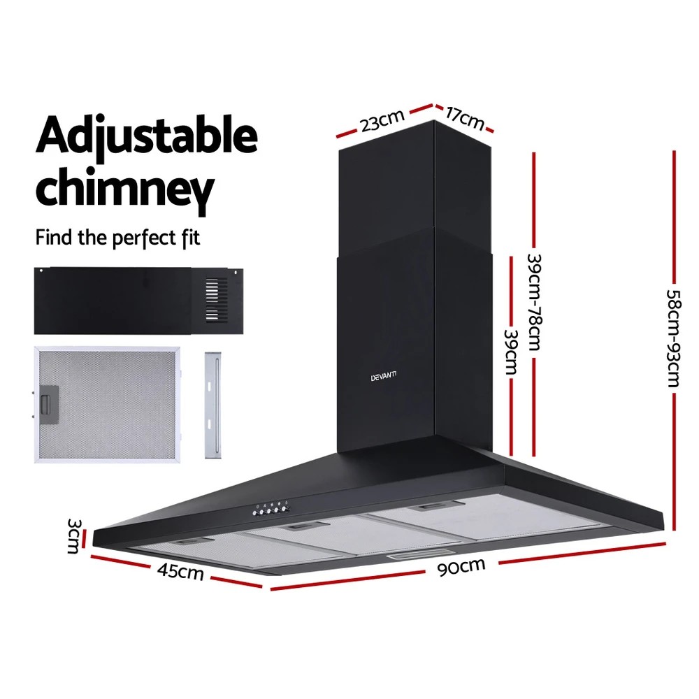 2 Devanti 900mm Range Hood 90cm Rangehood - Black, 2 of 9