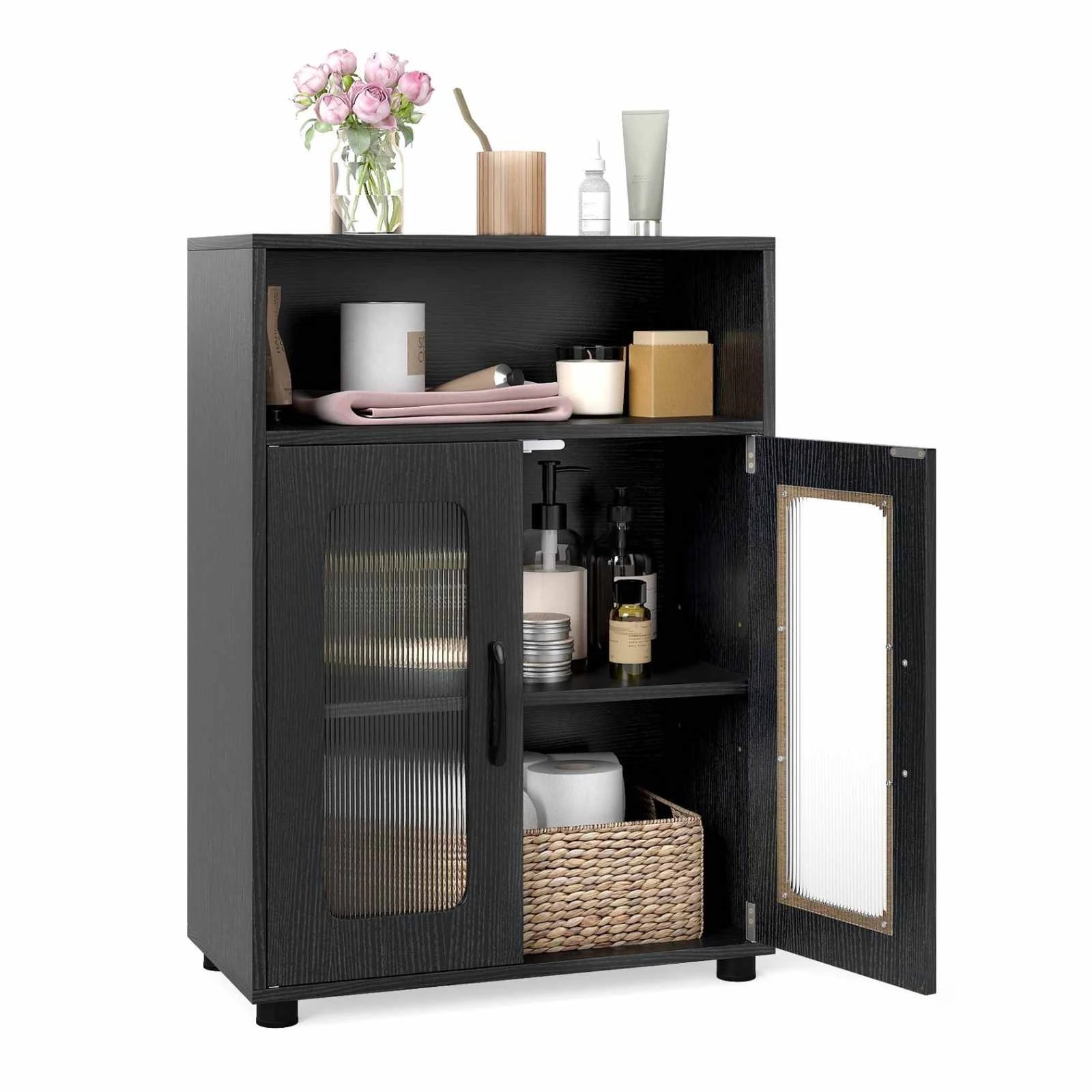 5 Costway 83cm Bathroom Storage Cabinet w/2 See-through Doors Freestanding Organizer Unit - Black, 5 of 5