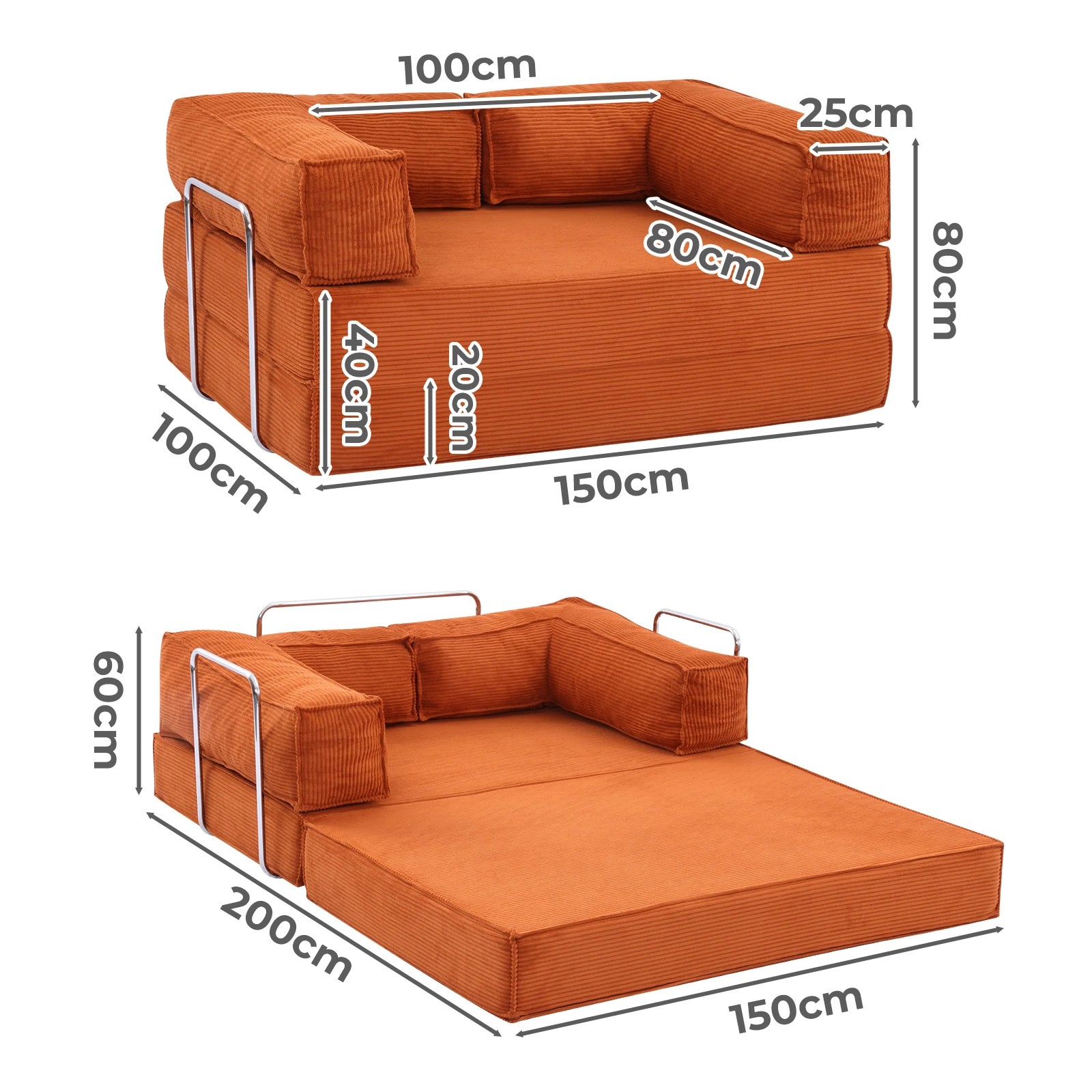 2 Levede 3 Seater150Cm Double Corduroy Sofa Bed In - Orange, 2 of 8