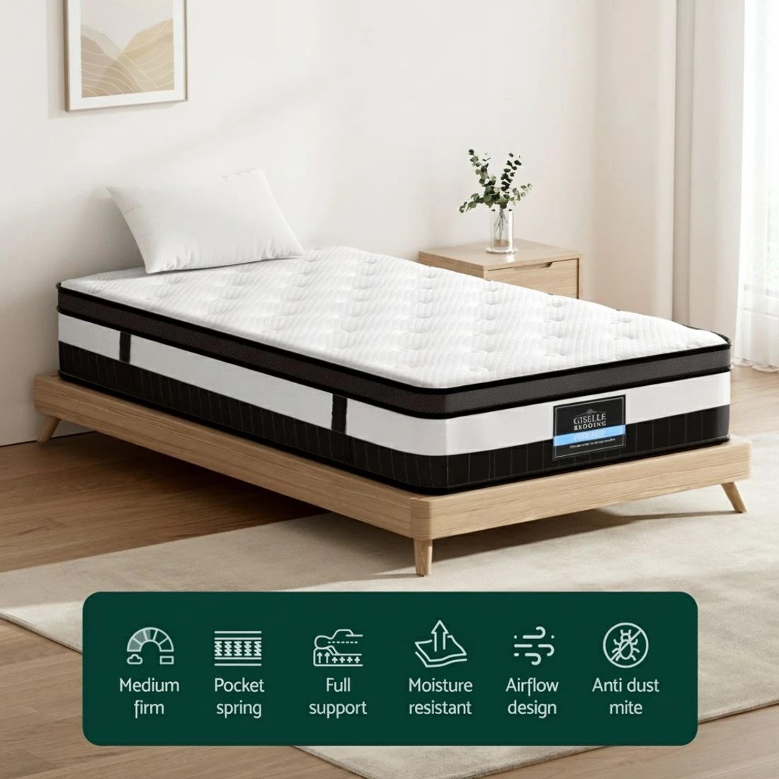4 Giselle Bedding 30cm Mattress Medium Firm Euro Top Pocket Spring Hybrid Mattresses - King Single Bed - White, 4 of 7