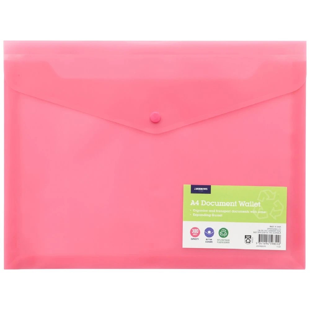 1 J.Burrows A4 Button Document Wallet Pink, 1 of 5