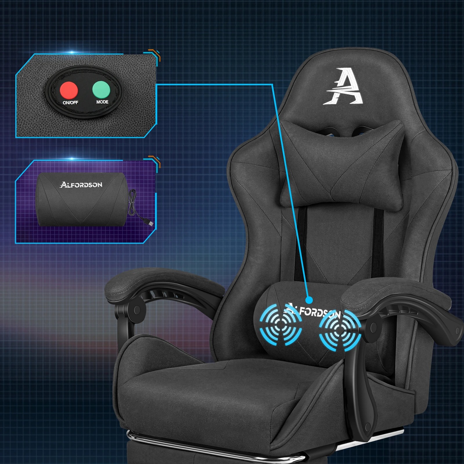 3 Alfordson Gaming Office Chair Massage Computer Footrest Seat Leathaire - Dark Grey, 3 of 10