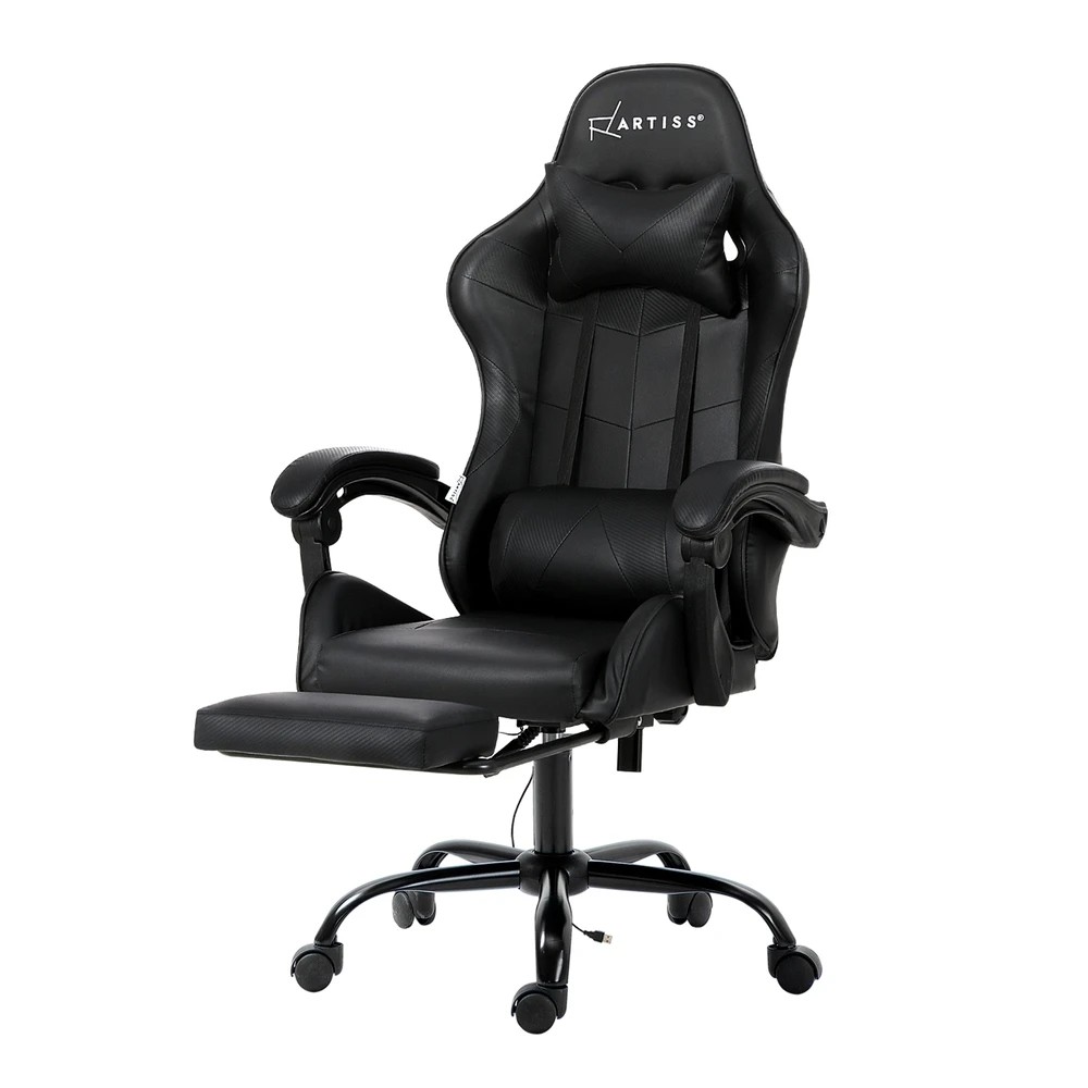 1 Artiss 2 Point Massage Gaming Office Chair Footrest - Black, 1 of 5
