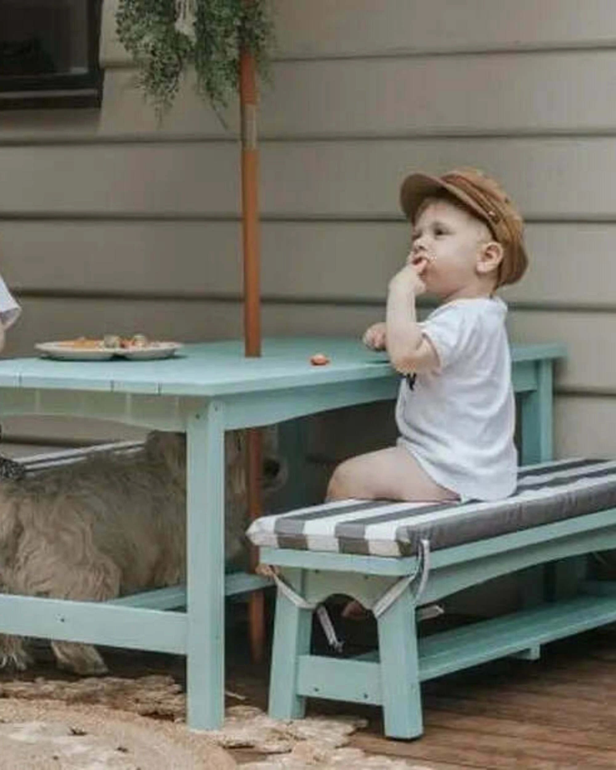 4 Hide & Seek Kids Picnic Table & Bench Set with Umbrella - Navy & White - Blue, 4 of 6