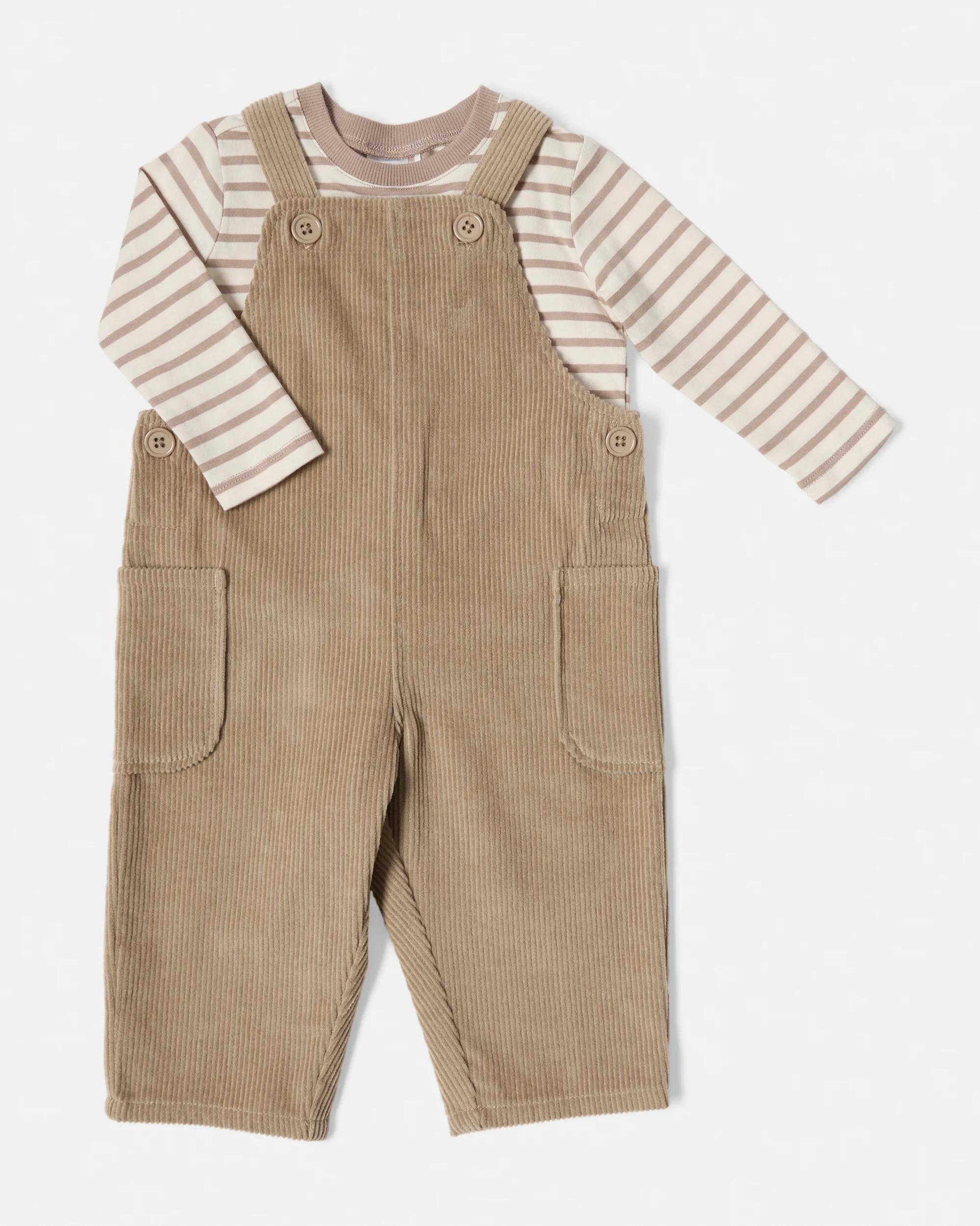 1 Cotton Long Sleeve Corduroy Dungaree Set Stripe, 1 of 6