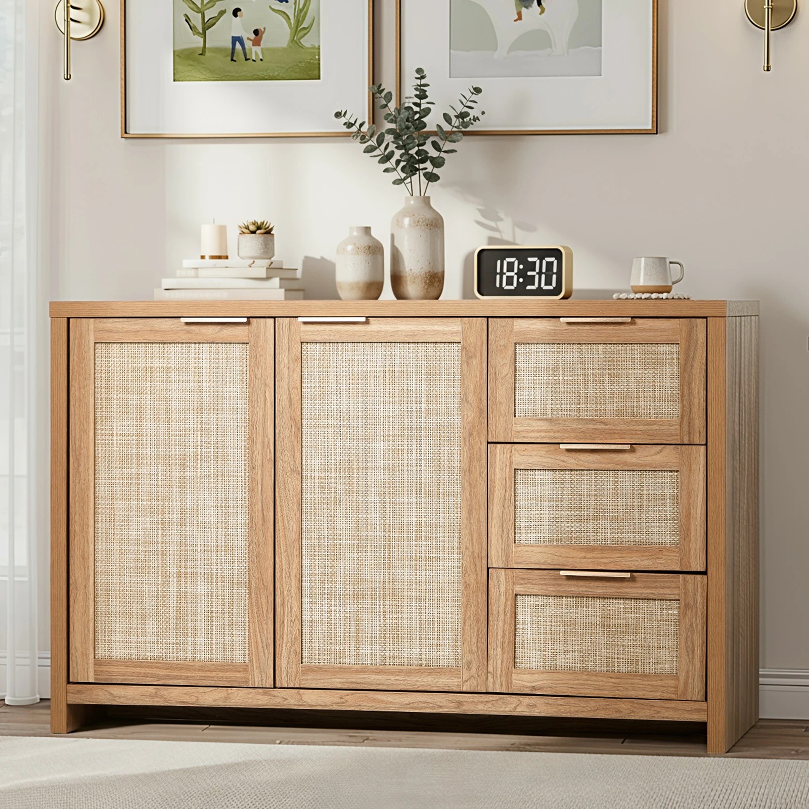 3 Oikiture Rattan Buffet Sideboard Storage Cabinet 3 Drawers - Natural, 3 of 10