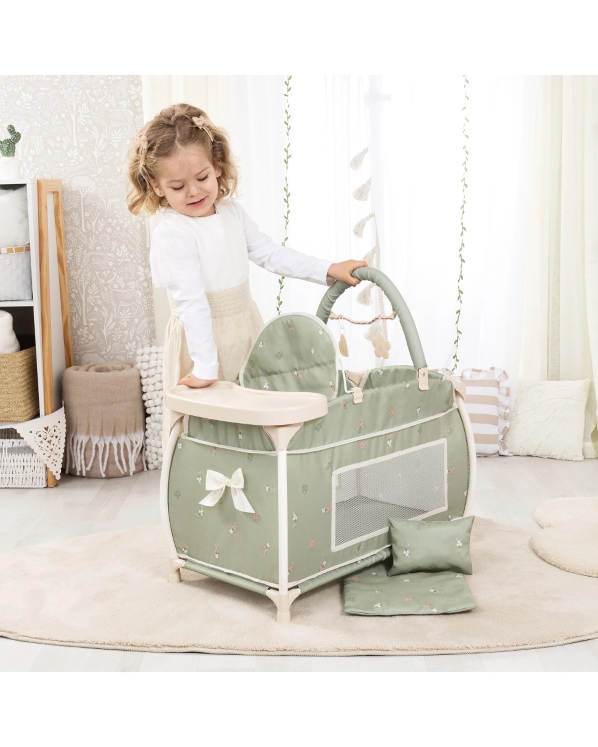 2 Bayer Bed Doll Cot Integrated High Chair For Dolls Up To Dolls 46cm Sage - Green, 2 of 6
