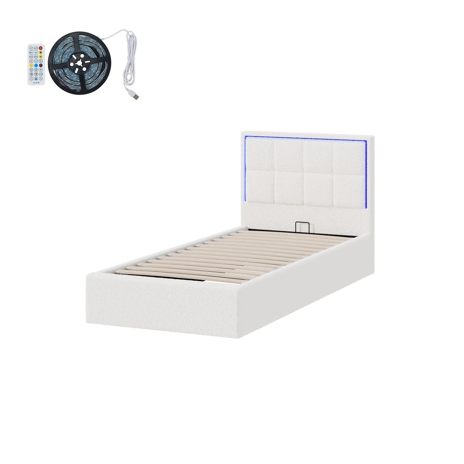7 Oikiture Bed Frame Single Size RGB LED Gas Lift Storage Base Boucle - White, 7 of 9