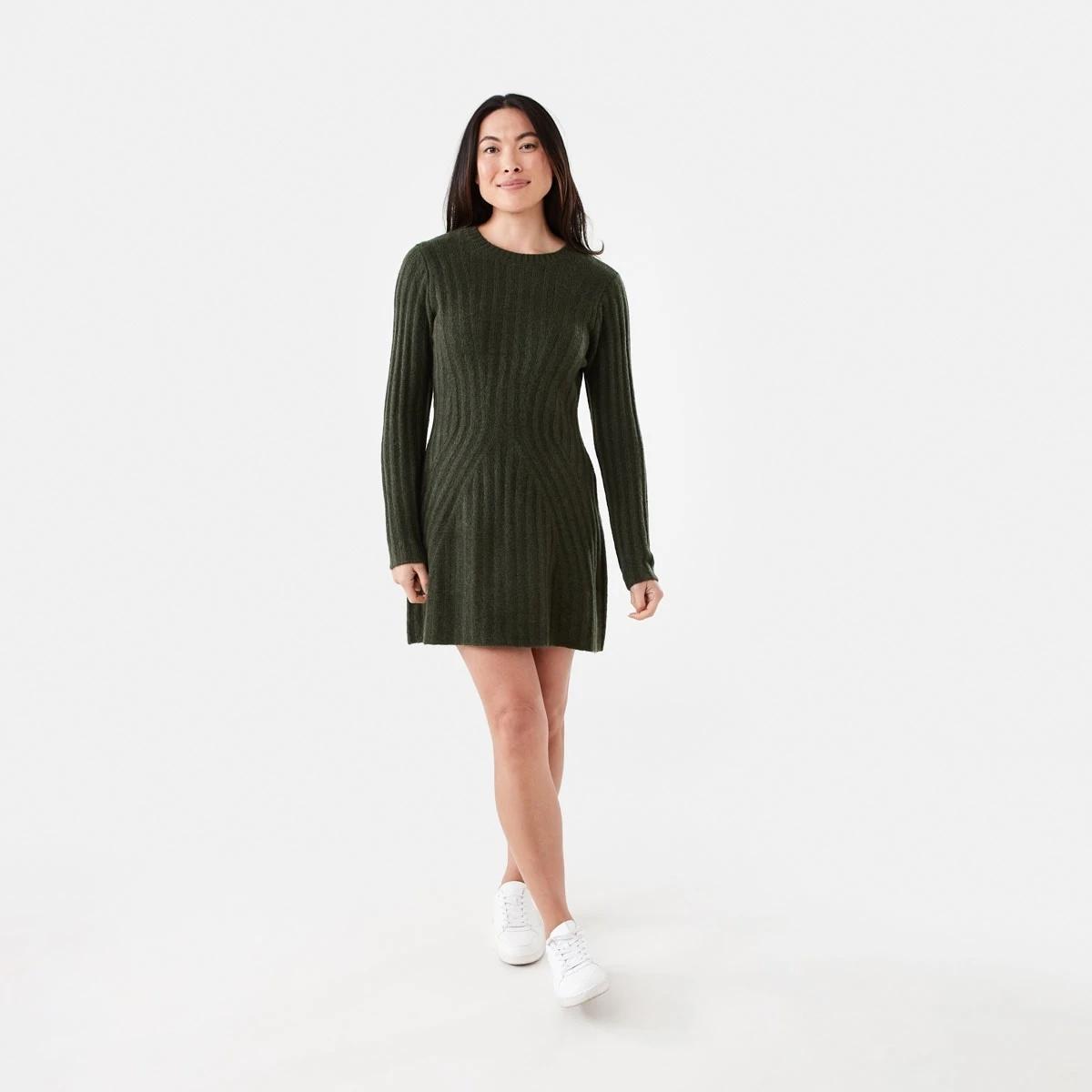 6 Long Sleeve Rib True Knit Skater Mini Dress Cargo Grn, 6 of 6