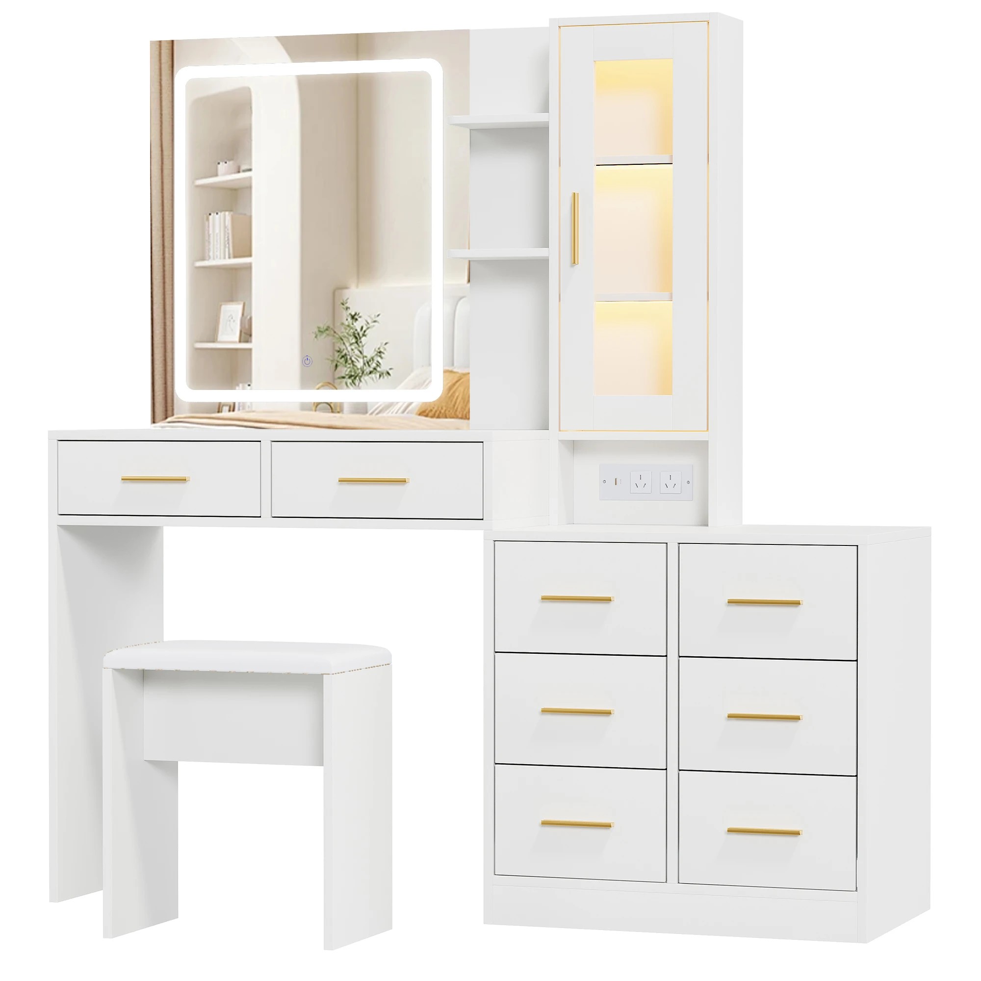1 Advwin Dressing Table with LED Mirror RGB Cabinet 8 Drawers & Charging Station - White, 1 of 9
