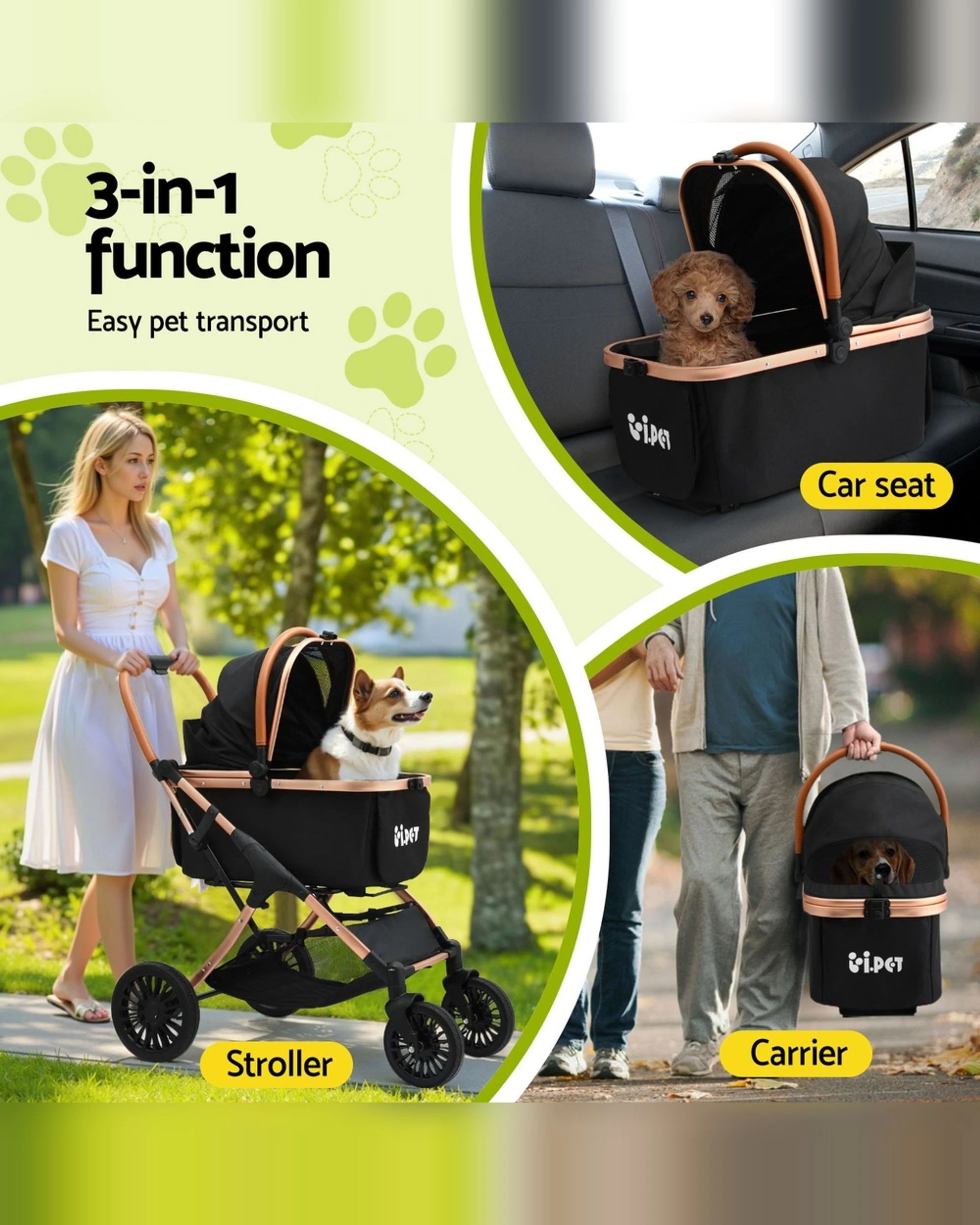 2 i.Pet Pet Dog Stroller Pram Large Cat Carrier Travel Pushchair Foldable 4 Wheels - Black, 2 of 4