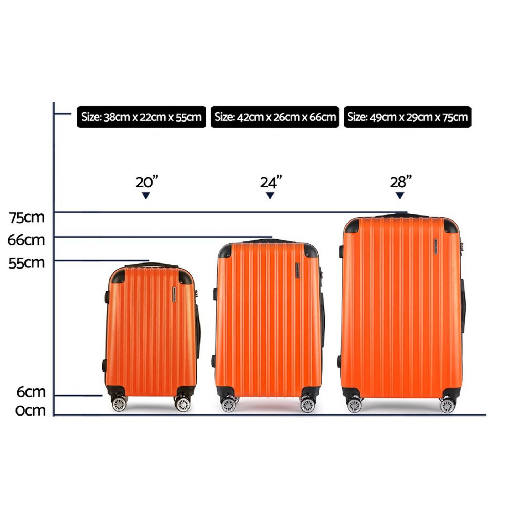 3 Wanderlite 3pc Luggage Trolley Travel Set Suitcase Carry On TSA Lock Hard Case Lightweight - Orange, 3 of 8