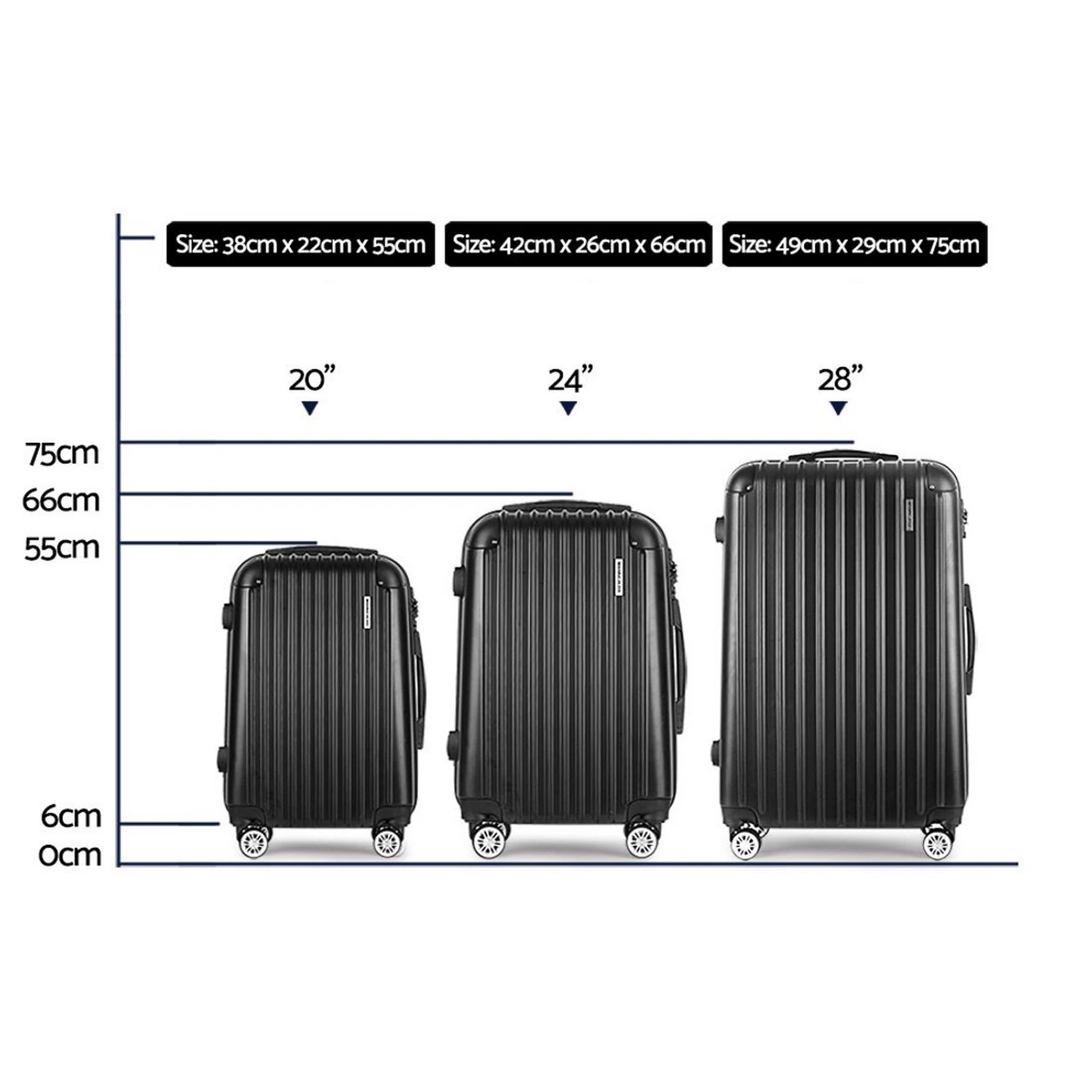 3 Wanderlite 3pcs LuggageTrolley Set Travel Suitcase Storage Organiser Carry On Hard Case TSA - Black, 3 of 8