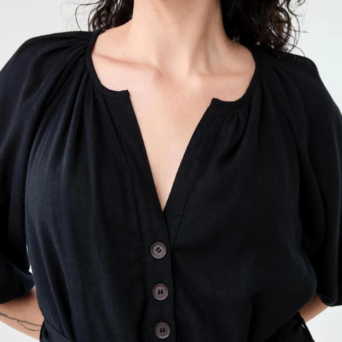 6 Elbow Sleeve Linen Blend Mini Dress BLACK, 6 of 10