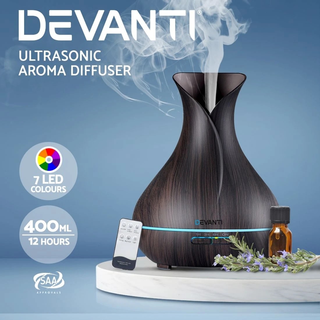 2 Devanti Aroma Diffuser Aromatherapy Dark Wood 400ml - Black, 2 of 8