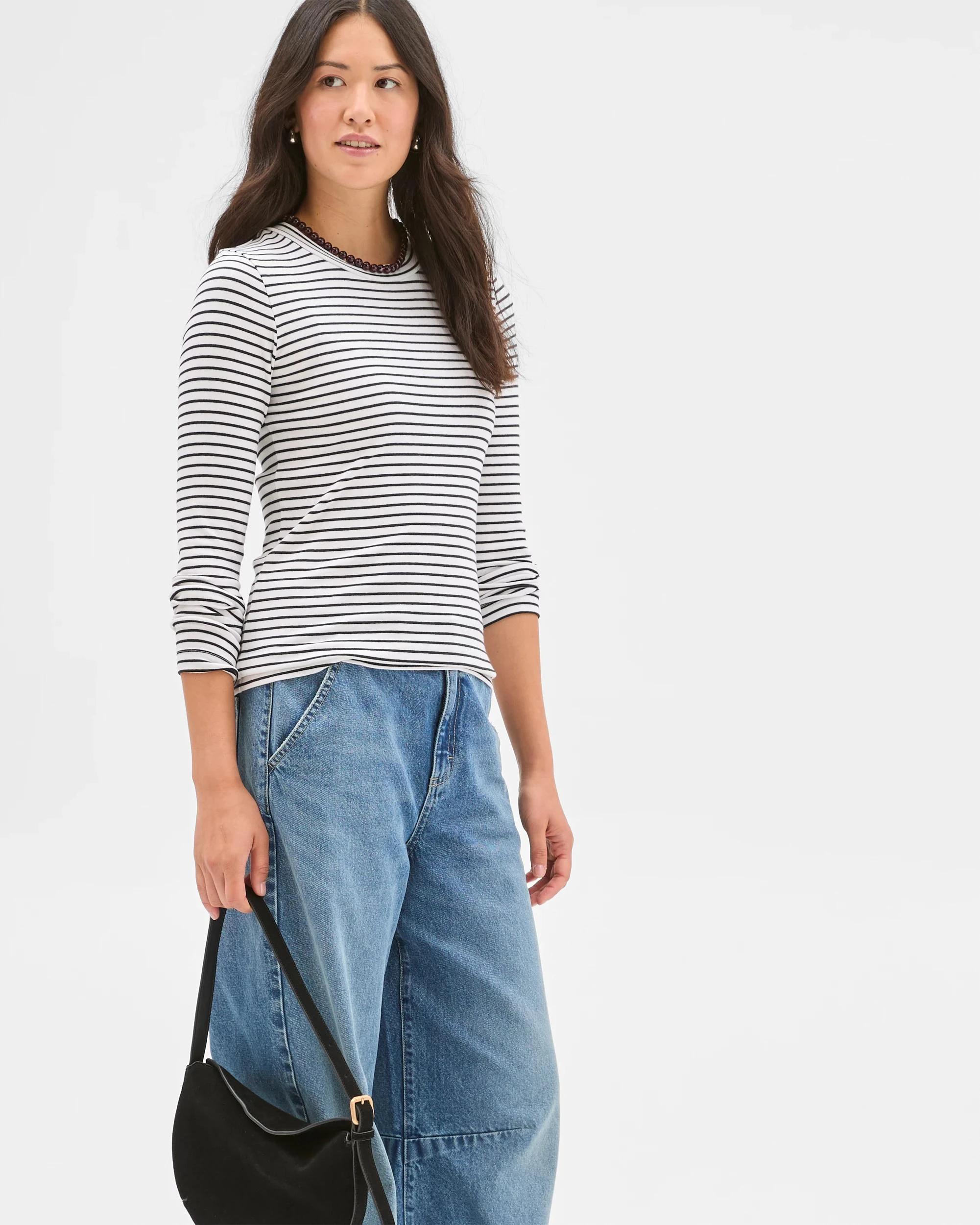 3 Target Woman Soft Touch Long Sleeve Striped T-Shirt CLOUD DANCER/BLACK, 3 of 8