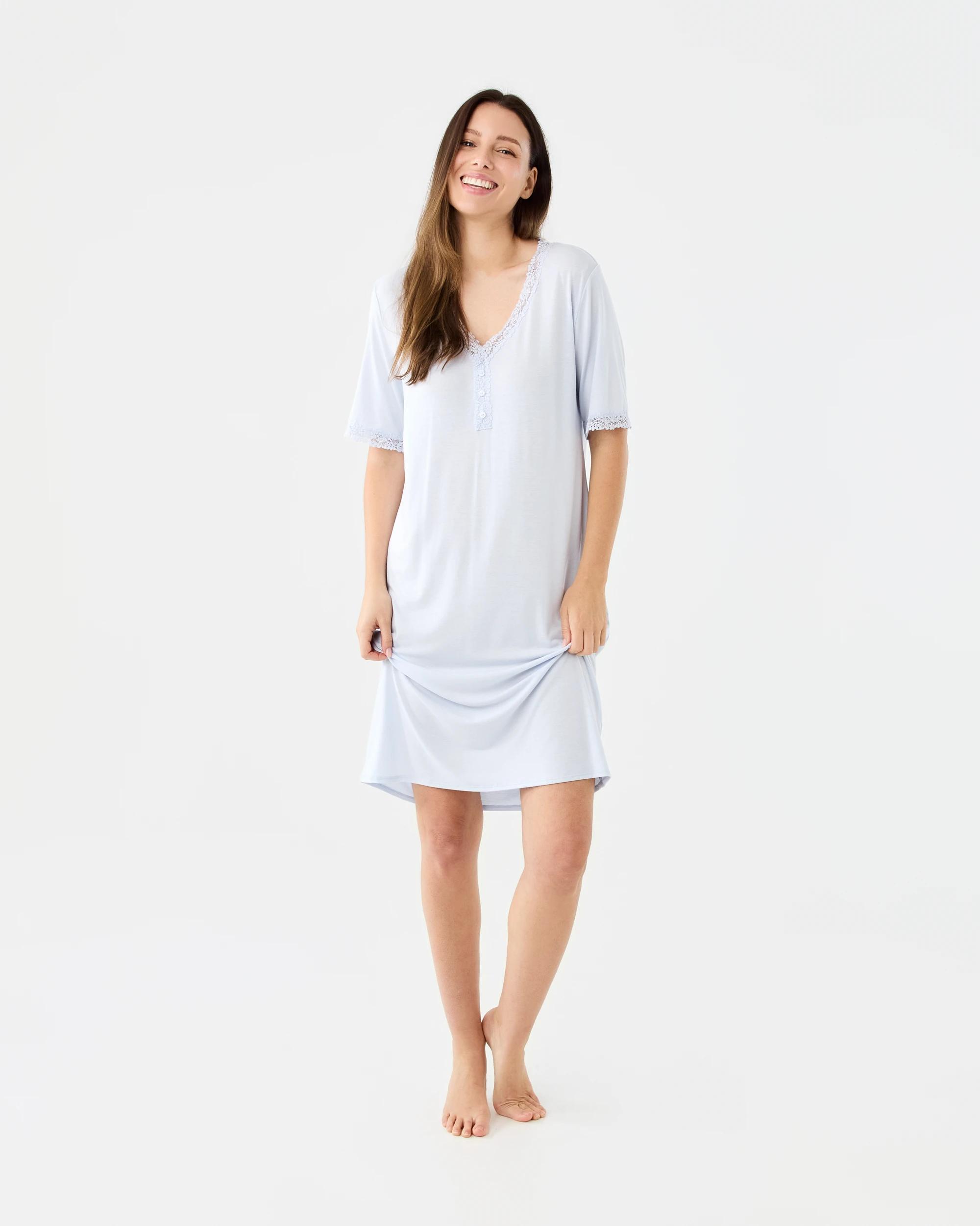 7 Short Sleeve Henley Lace Trim Comfort Nightie Halo Blue, 7 of 7