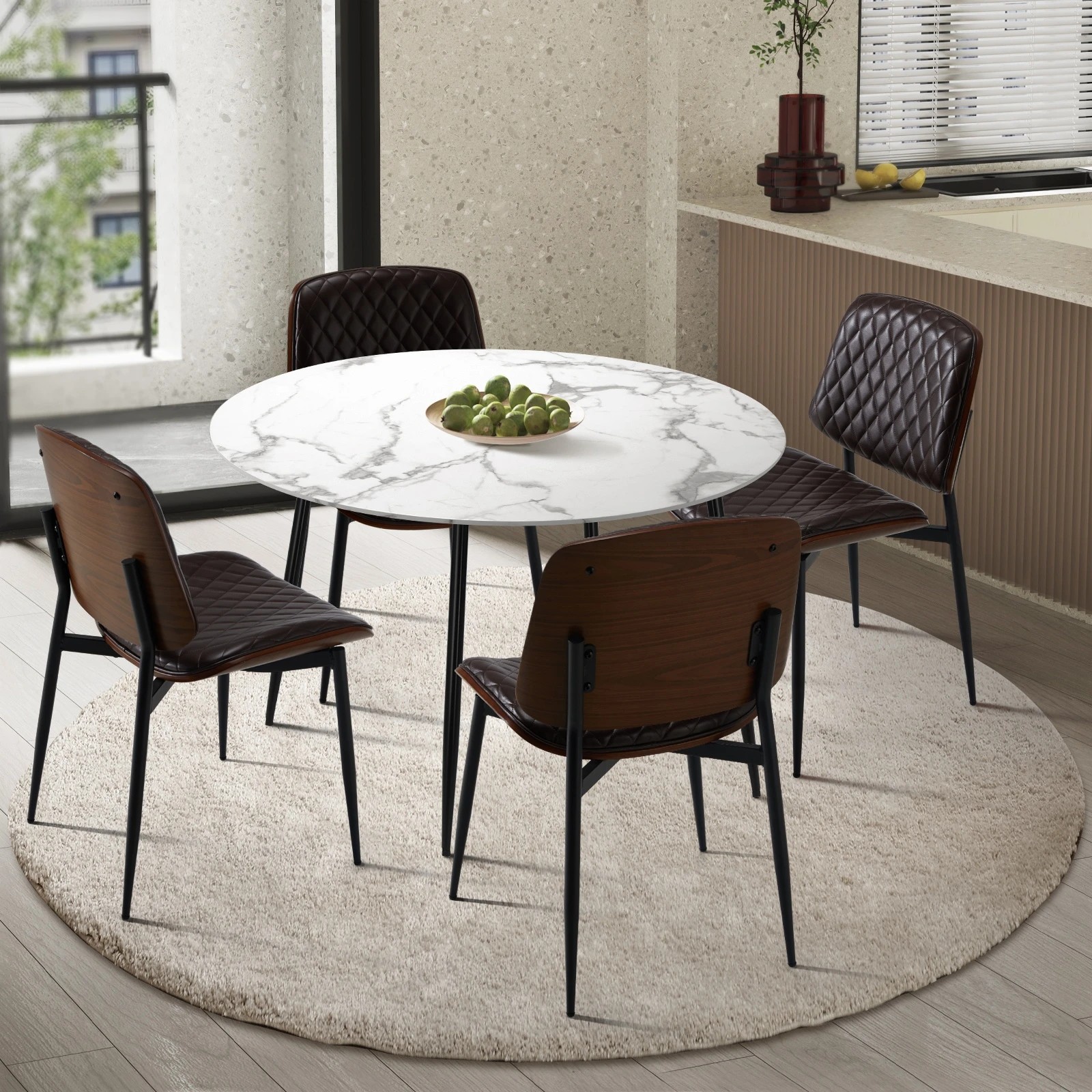 2 Oikiture 110cm Round Dining Table With 4pcs Pu Dining Chairs
 - Multi, 2 of 9