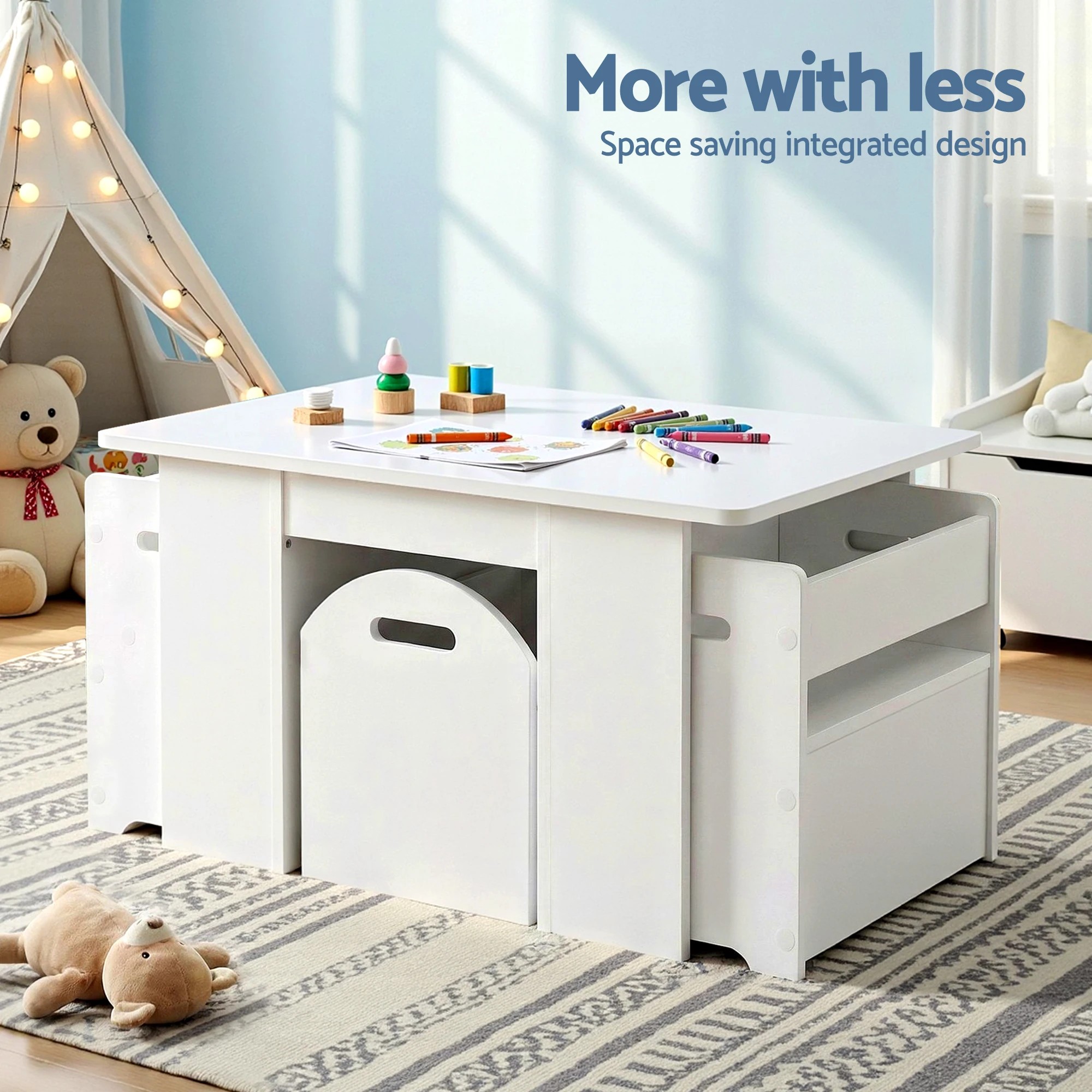 5 Keezi 3PCS Kids Table and Chairs Set Storage Toys Play Activity Desk - White, 5 of 6
