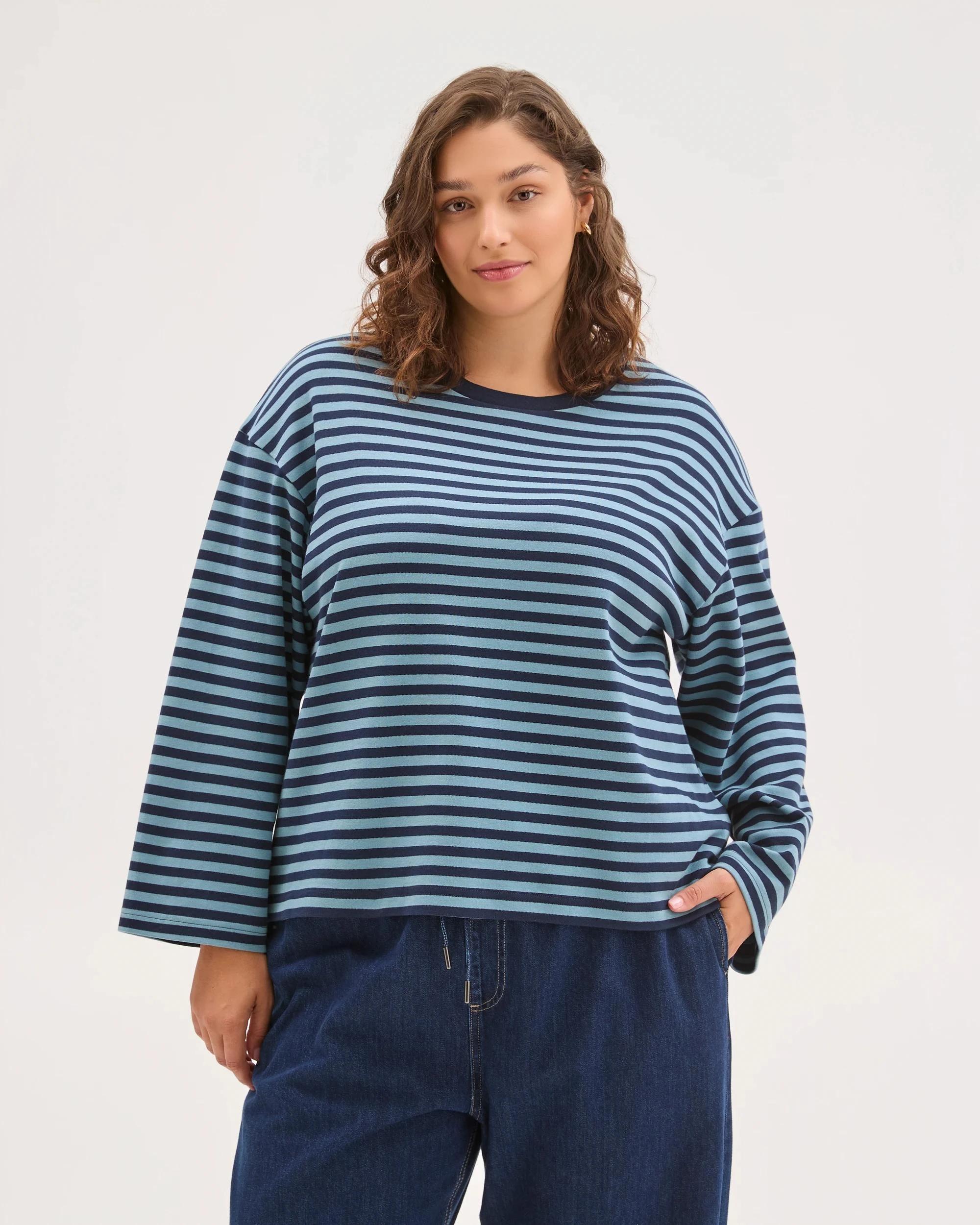 2 Target Curve Plus Size Australian Cotton Long Wide Sleeve T-Shirt NAVY BLAZER STRIPE, 2 of 7
