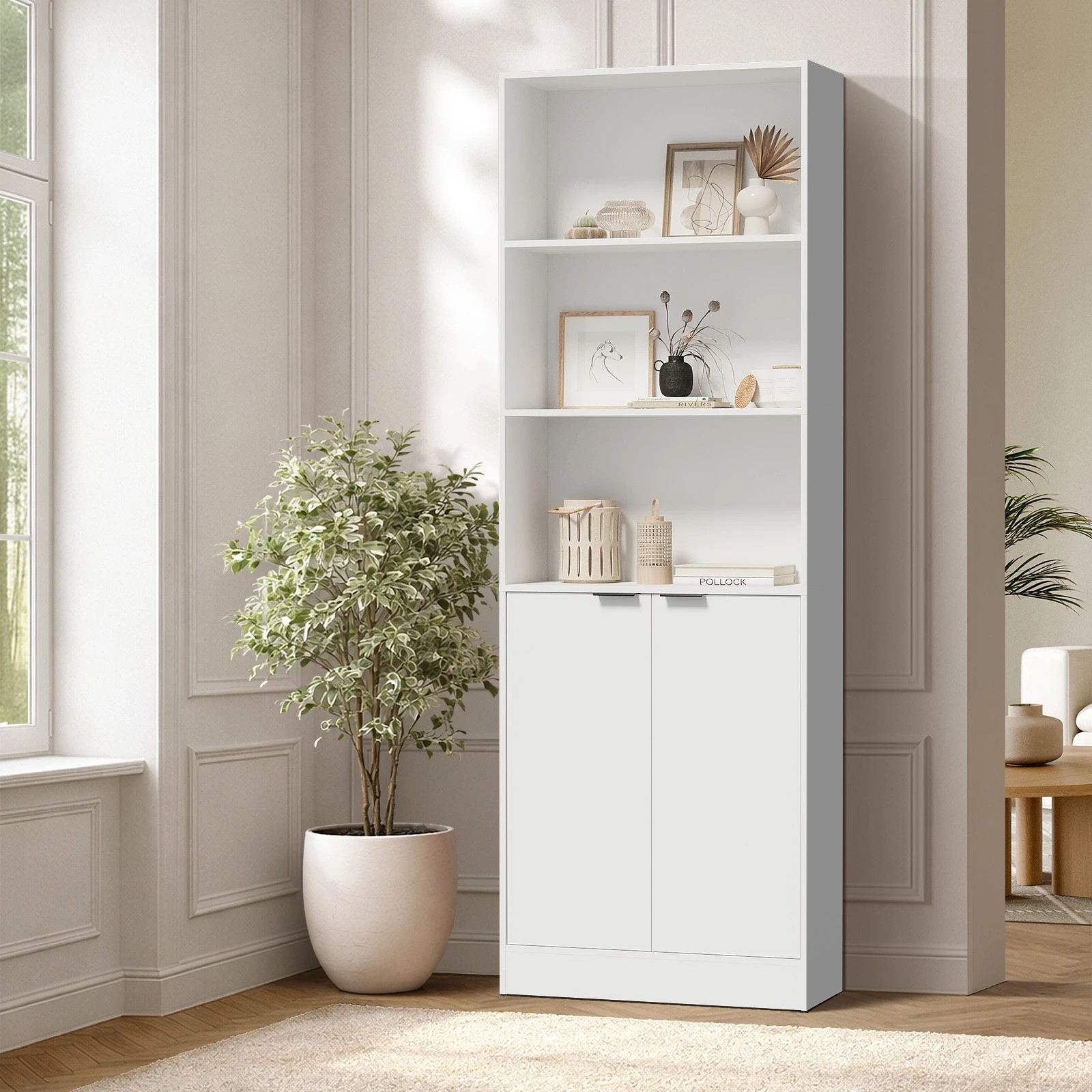 3 Oikiture Tall Bookcase Display Shelf 2 Door Adjustable Storage Cabinet - White, 3 of 8