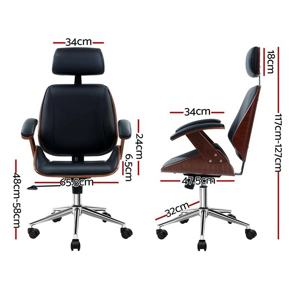 2 Artiss Wooden Office Chair Leather Seat - Black, 2 of 6