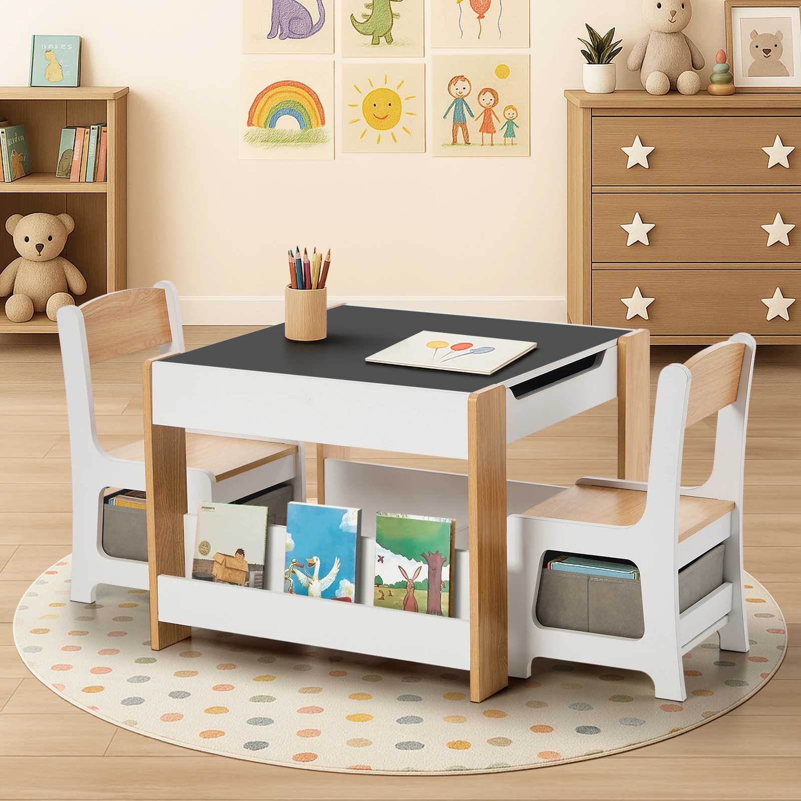 3 Oikiture Kids Table and Chairs Set Chalkboard Drawing Toys Storage Bookshelf - Multi, 3 of 10