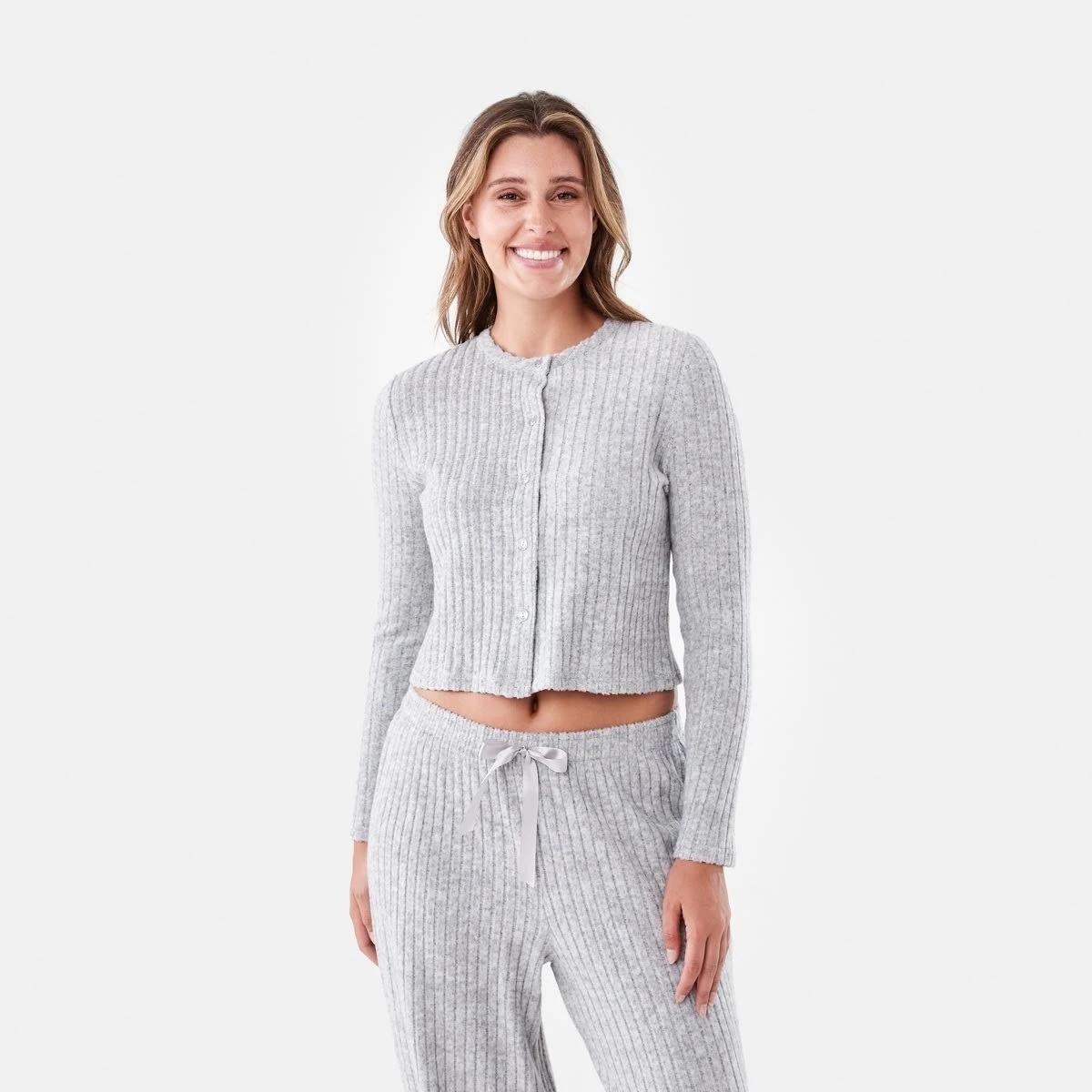 1 Brushed Ribbed Long Sleeve Lounge Top Slvr Marle, 1 of 5