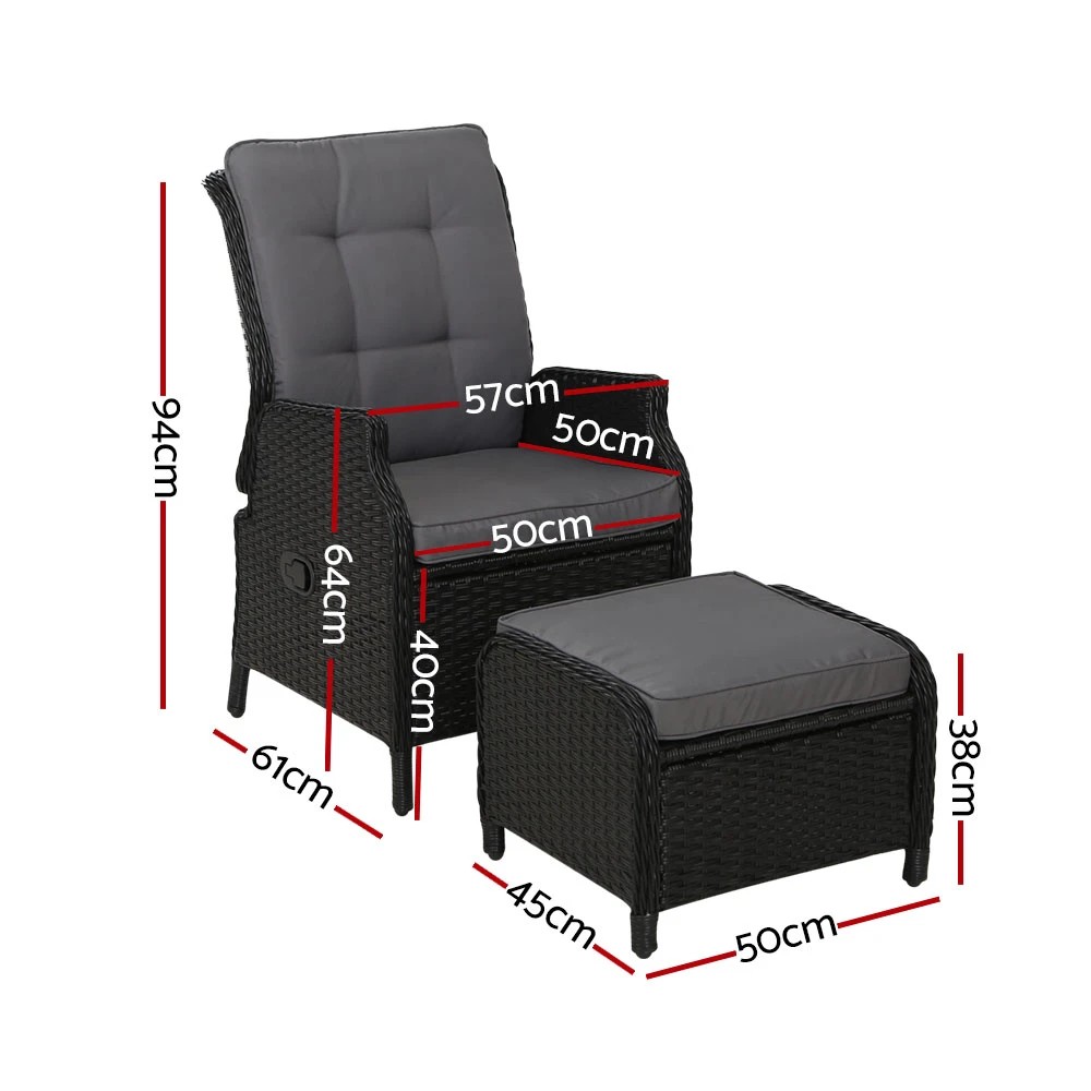 2 Gardeon 2PC Recliner Chair Sun lounge Wicker Lounger Outdoor Furniture - Black, 2 of 8