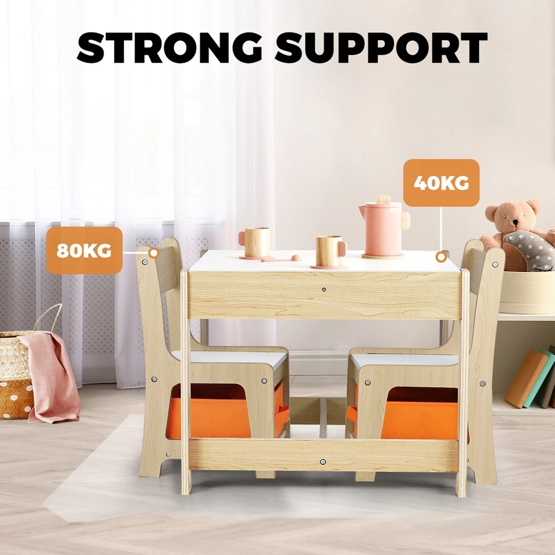 8 Oikiture Kids Table And Chairs Set Activity Play Study Desk Toys Storage Box
 - Natural, 8 of 10