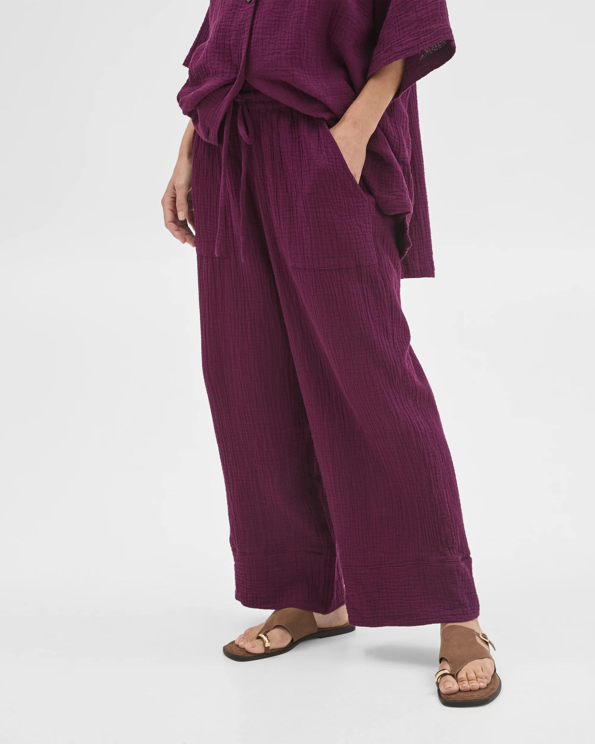 2 Target Woman Australian Cotton Resort Woven Trim Detail Pants DEEP PLUM, 2 of 6