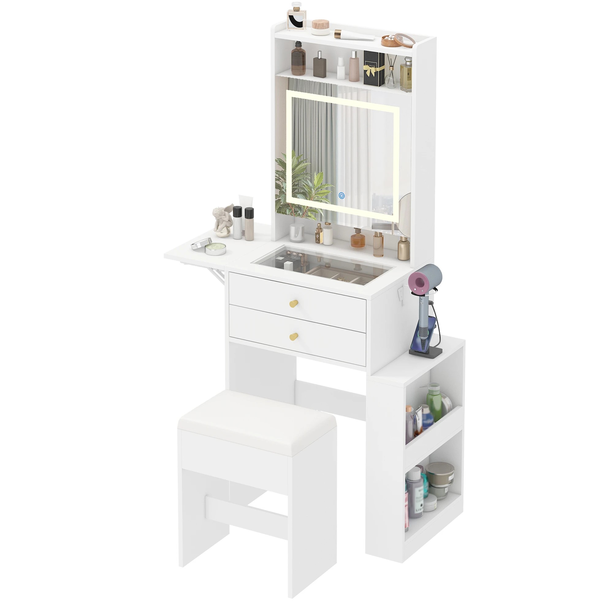 1 Advwin Dressing Table Stool w/ Glass Desktop Side Storage & Charging Station - White, 1 of 10