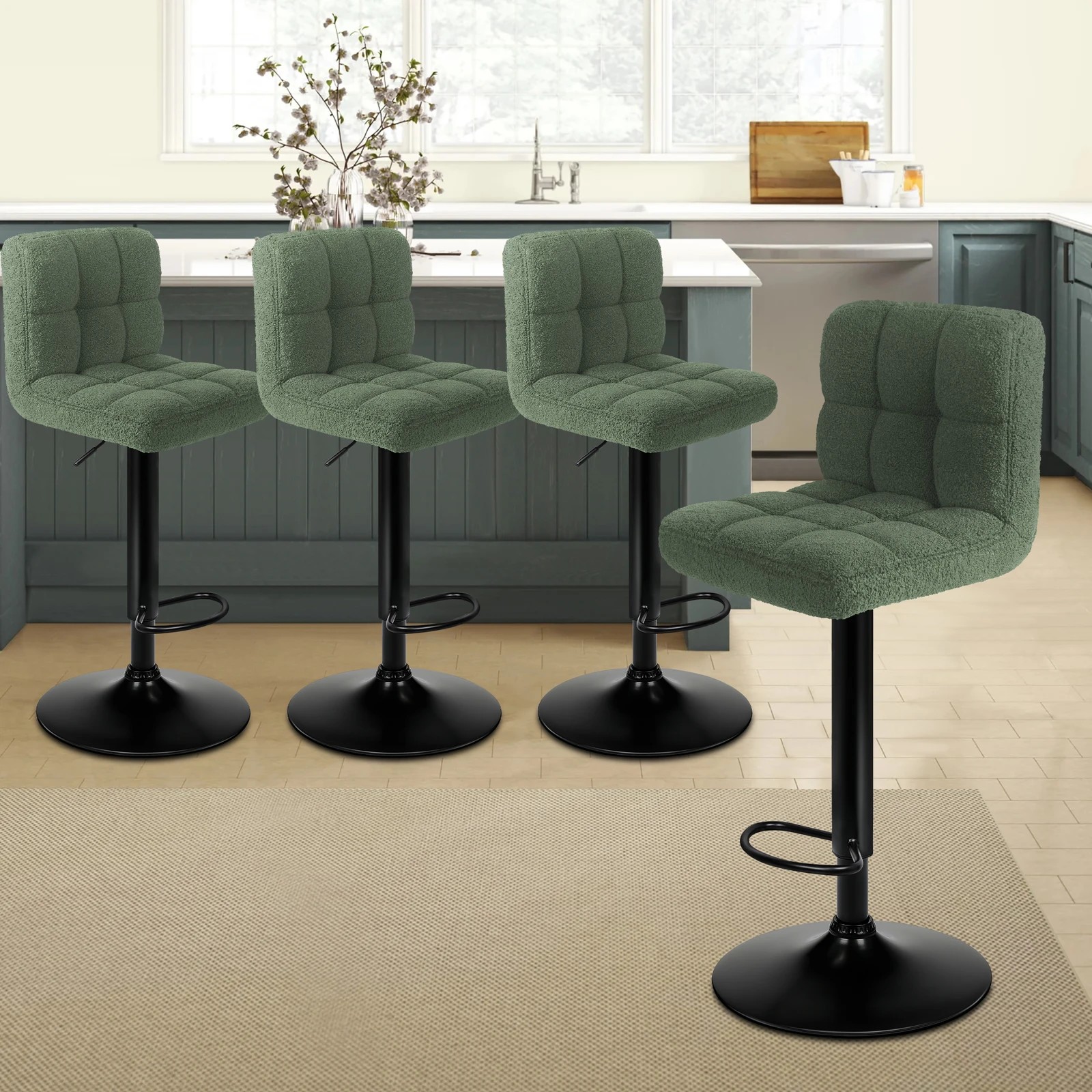 3 Alfordson 2x Bar Stools Ralph Kitchen Swivel Chair Boucle Gas Lift - Green, 3 of 10