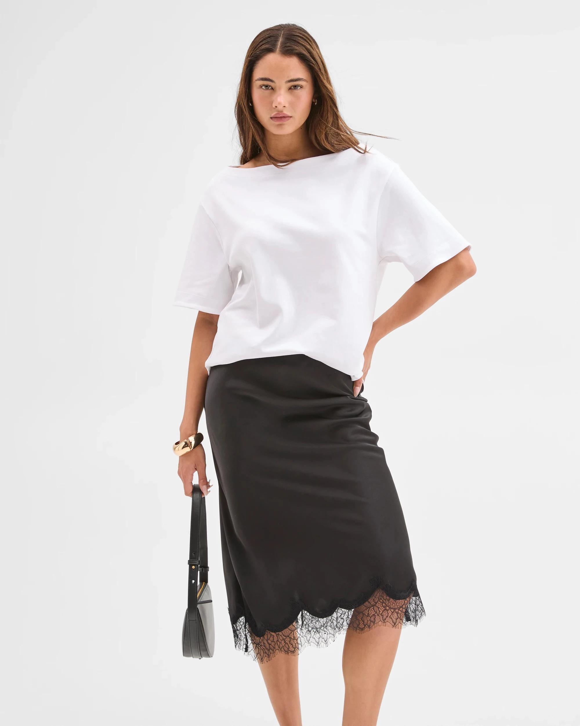 3 Lily Loves Satin Lace Trim Midi Skirt BLACK, 3 of 7