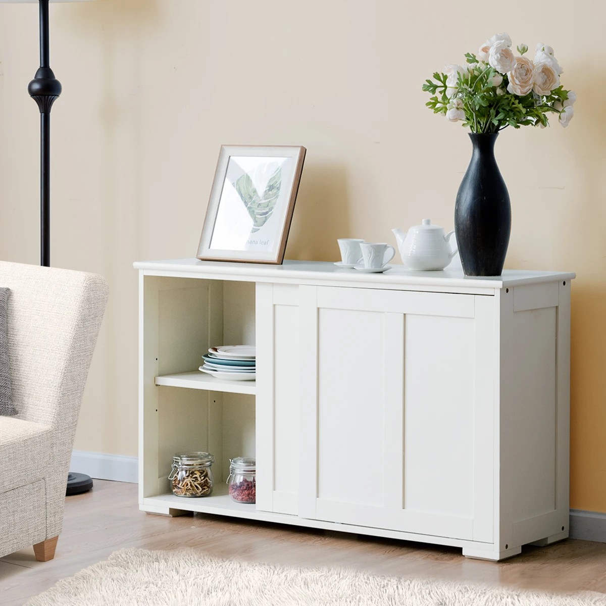 2 Costway Kitchen Buffet Sideboard Sliding Doors White, 2 of 4