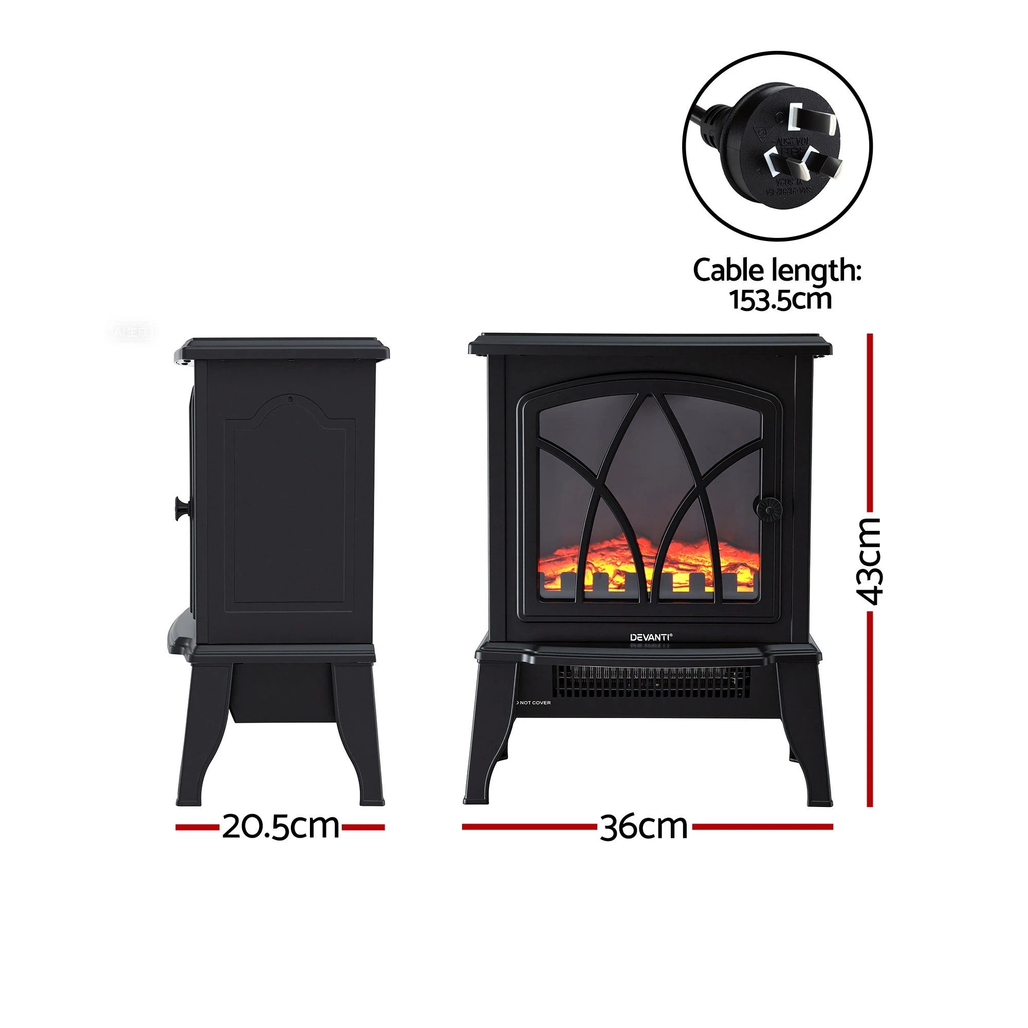 2 Devanti 2000W Electric Fireplace Heater Stove Freestanding 3D Flame Effect Indoor - Black, 2 of 4