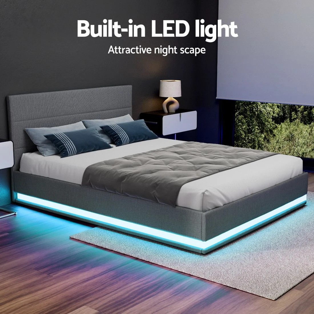 6 Artiss Bed Frame Queen Size LED Gas Lift  LUMI - Grey, 6 of 7