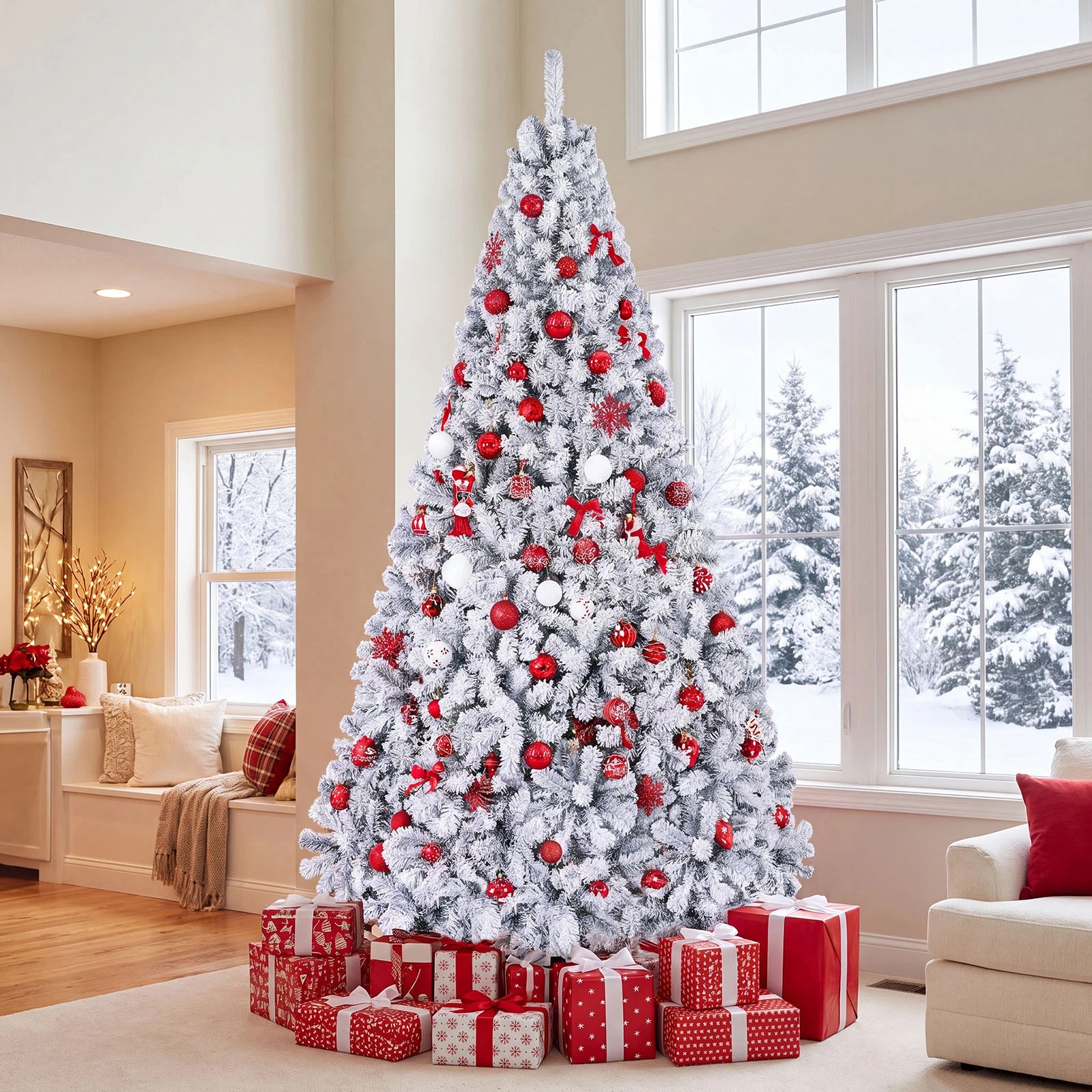 4 Costway 2.8m Flocked Cedar Christmas Tree w/750 LEDs Pre-Lit Artificial Xmas Tree, 4 of 8