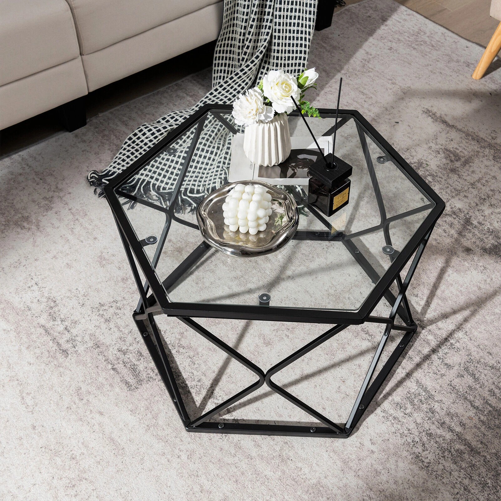 2 Costway Geometric Glass Coffee Table Modern Central Table  w/Tempered Glass, 2 of 5