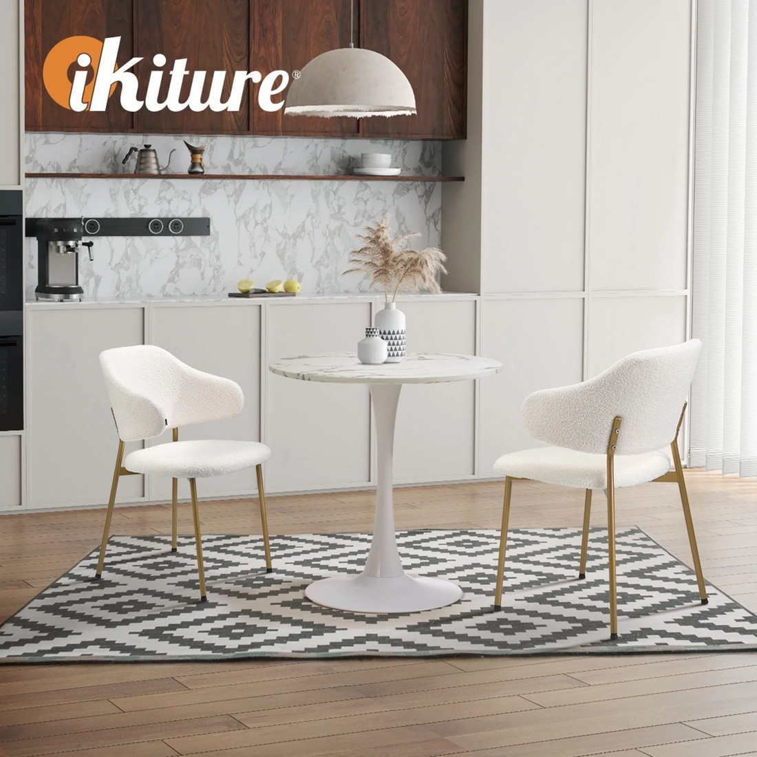 6 Oikiture 60cm Round Dining Table With 2x Sherpa Dining Chairs Gold Metal Leg
 - White, 6 of 10