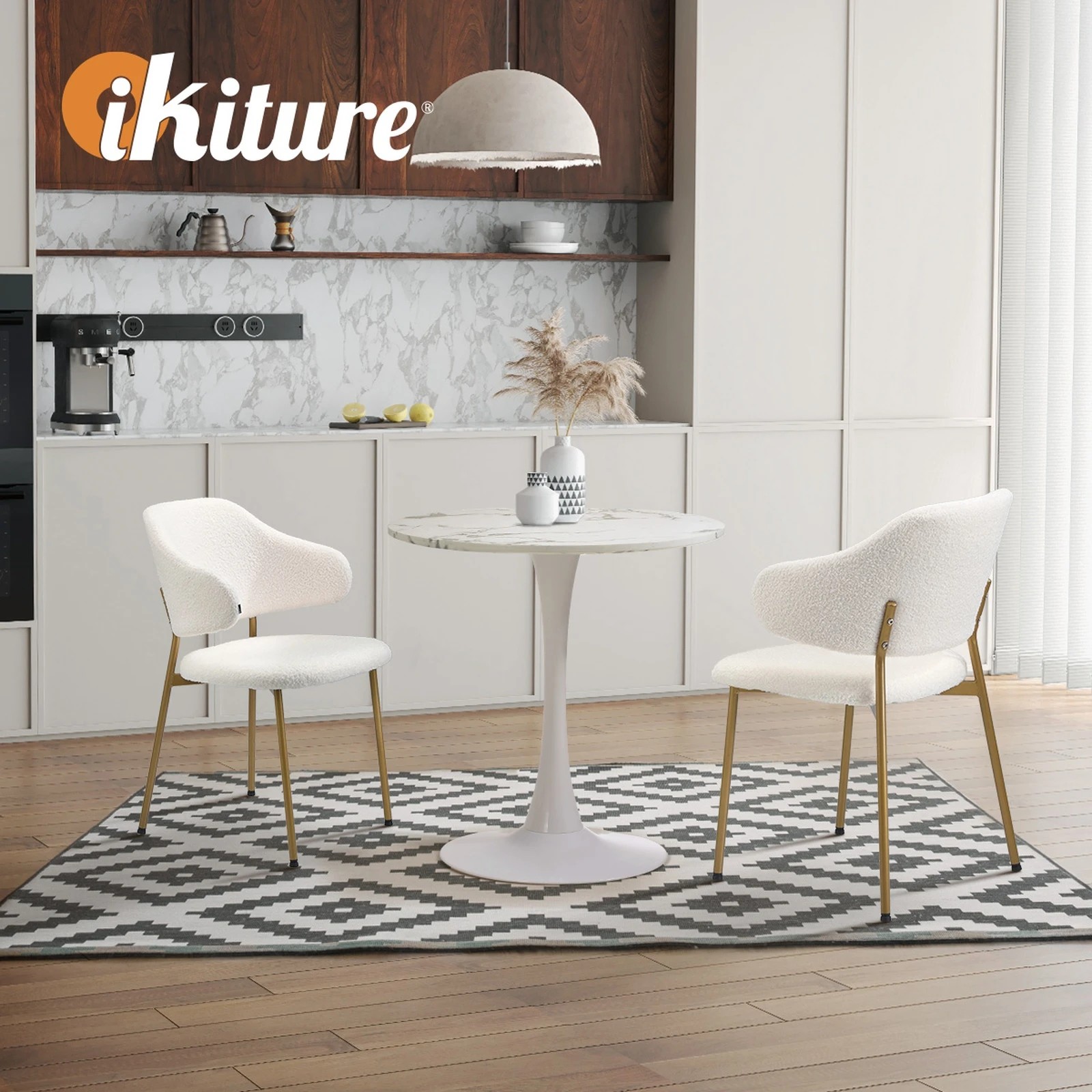 6 Oikiture 60cm Round Dining Table With 2x Sherpa Dining Chairs Gold Metal Leg
 - White, 6 of 10
