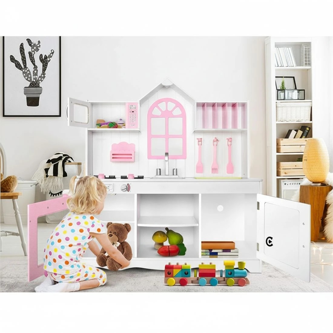 6 Keezi Kids Kitchen Play Set Wooden Pretend Toys Cooking Children Storage Cabinet - White, 6 of 6