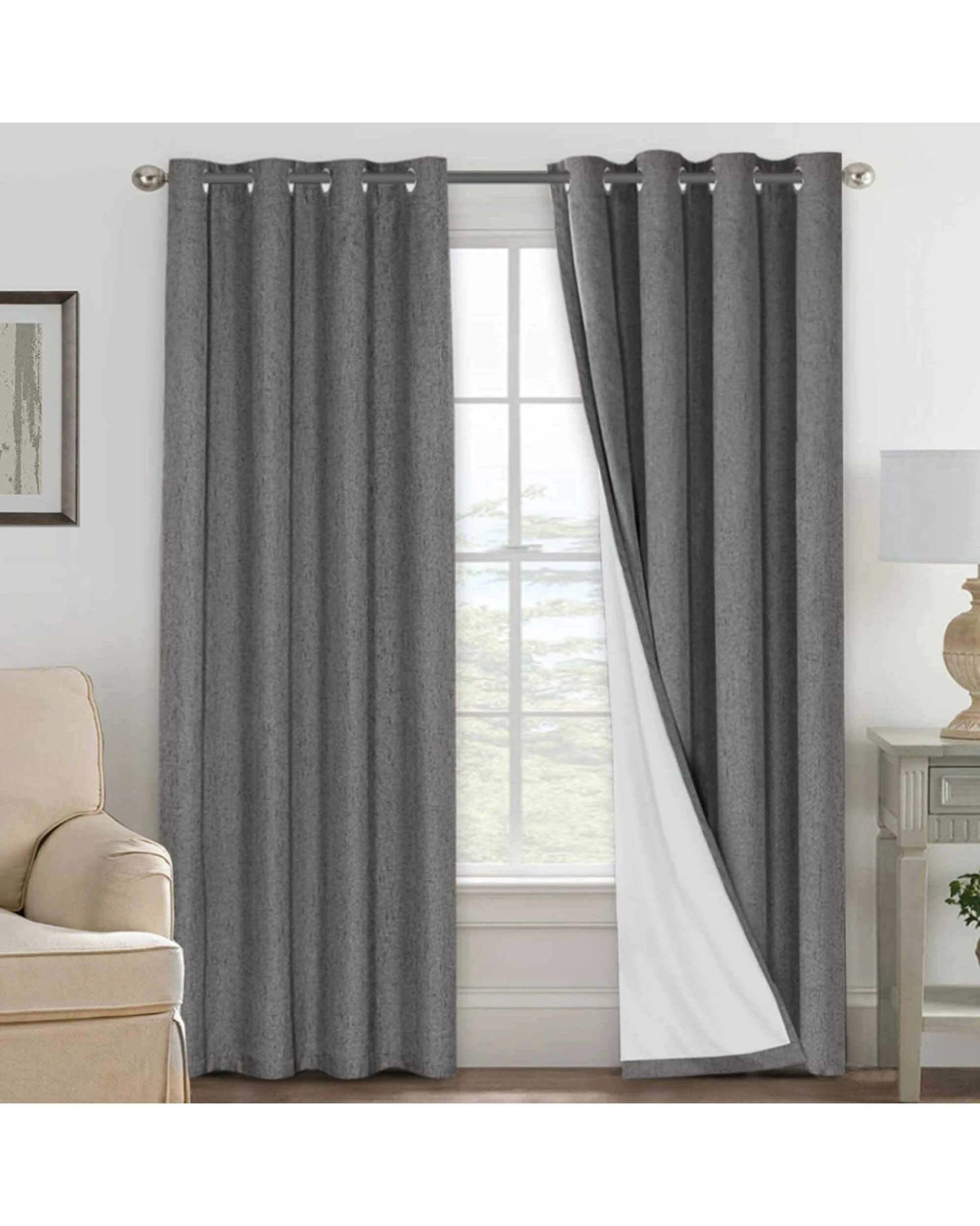 1 Smarcute Blockout Faux Linen Grommet Curtain - 2X 132x274cm - Grey, 1 of 5