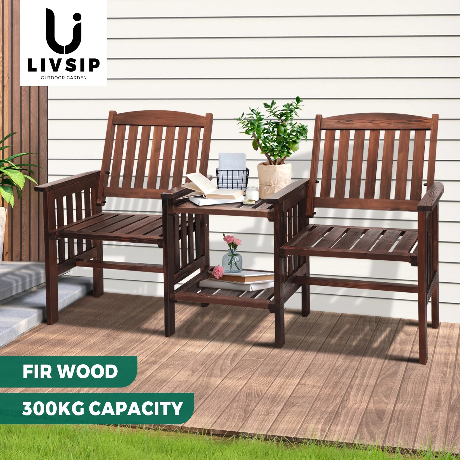 3 Livsip Garden Bench Wooden Outdoor Table & Chair Set - Charcoal, 3 of 10